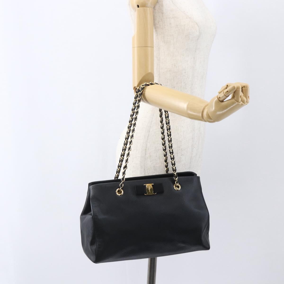 Salvatore Ferragamo Chain Vala Shoulder Bag Leather Black Gold Auth 159349