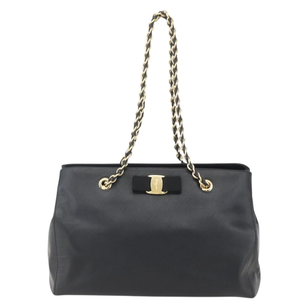 Salvatore Ferragamo Chain Vala Shoulder Bag Leather Black Gold Auth 159349