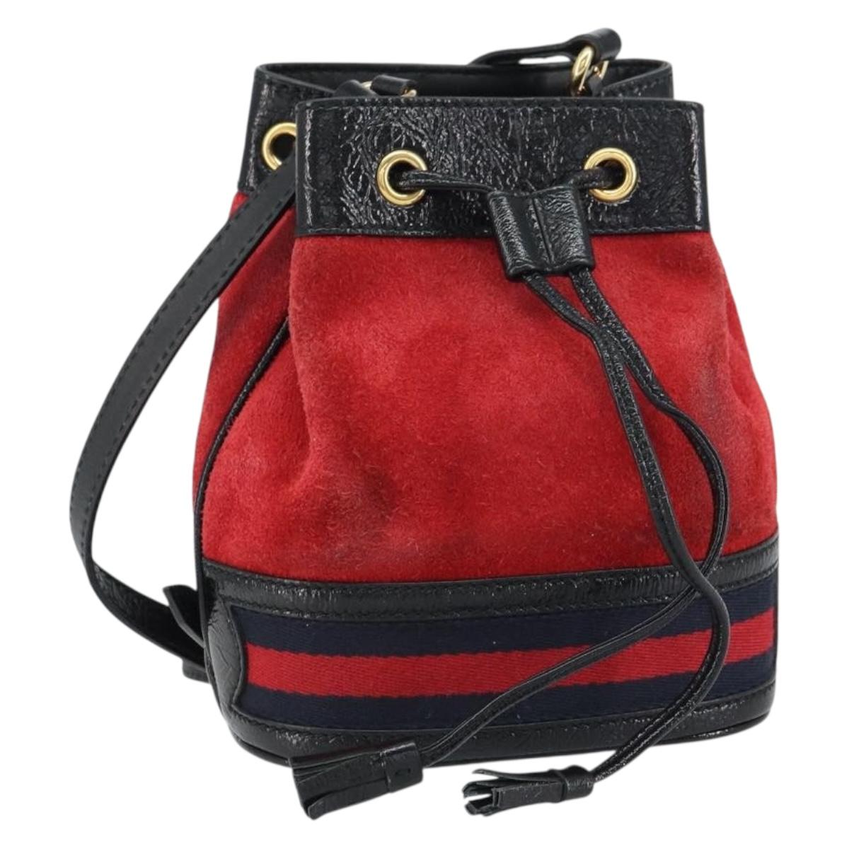 GUCCI Sherry Line Shoulder Bag Suede Red Gold Navy 550620 Auth 159356