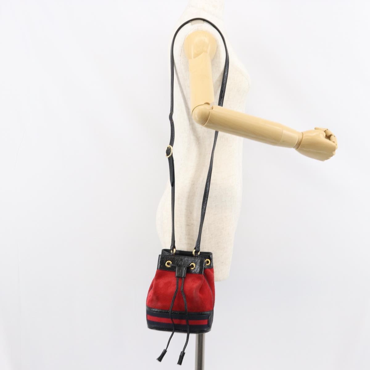 GUCCI Sherry Line Shoulder Bag Suede Red Gold Navy 550620 Auth 159356