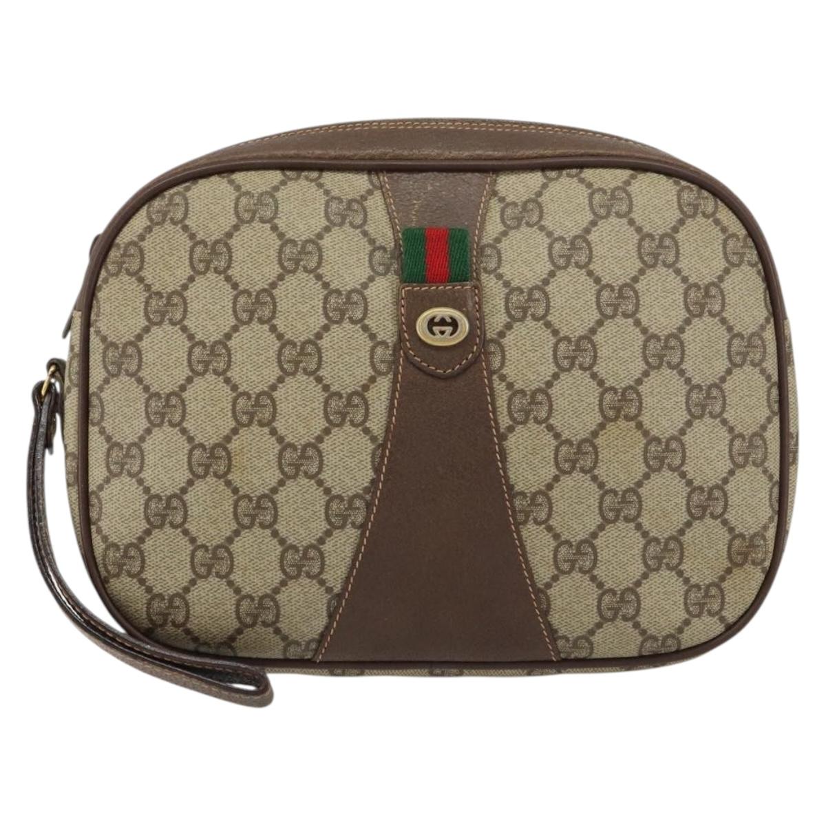 GUCCI GG Supreme Web Sherry Line Clutch Bag Beige Gold 156 01 034 Auth 159359