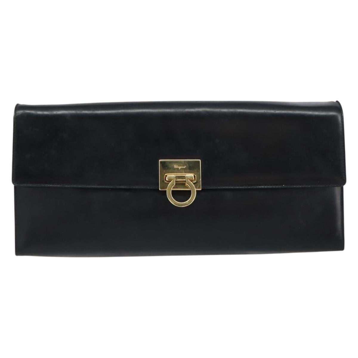 Salvatore Ferragamo Chain Gancini Shoulder Bag Leather Black Gold Auth 159360