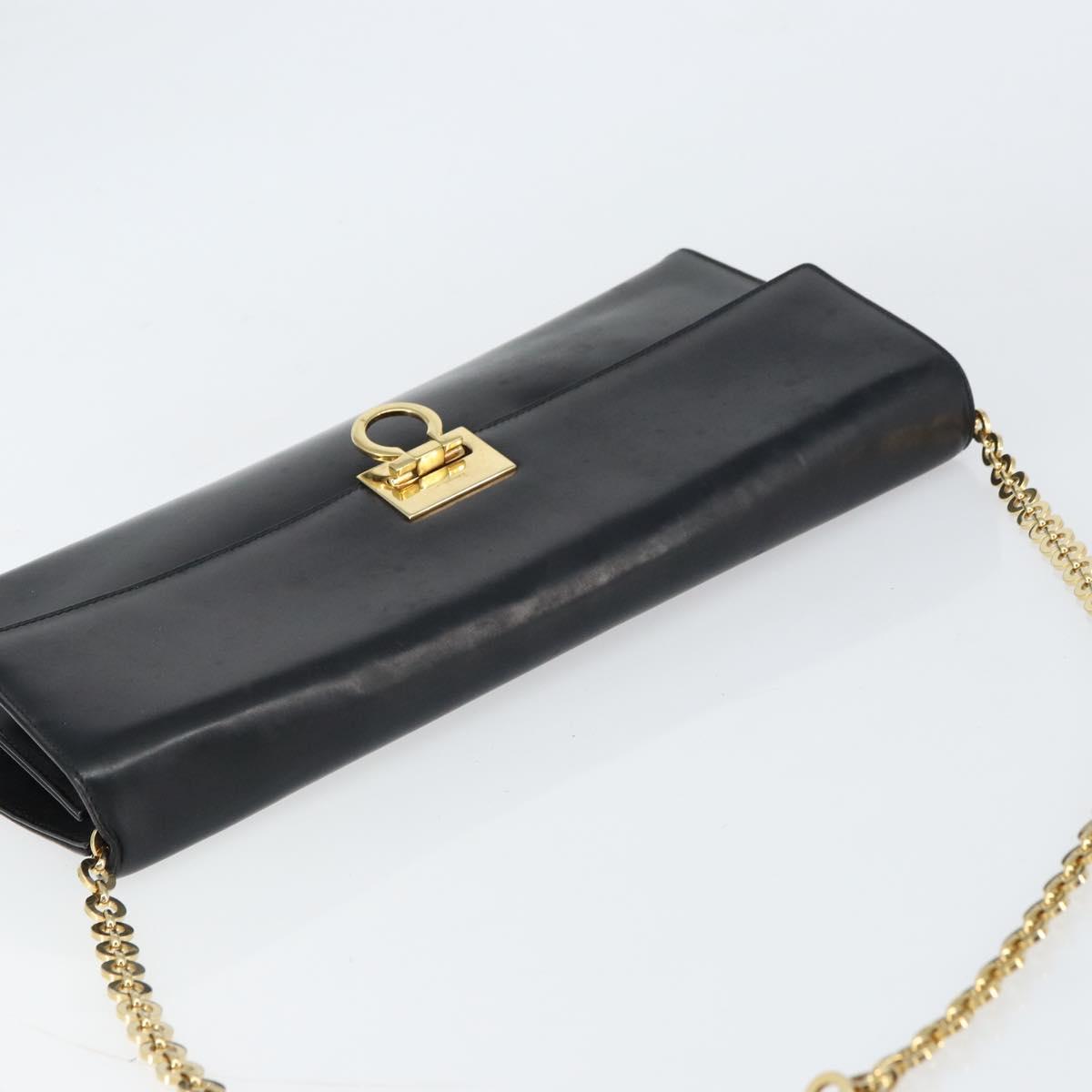 Salvatore Ferragamo Chain Gancini Shoulder Bag Leather Black Gold Auth 159360