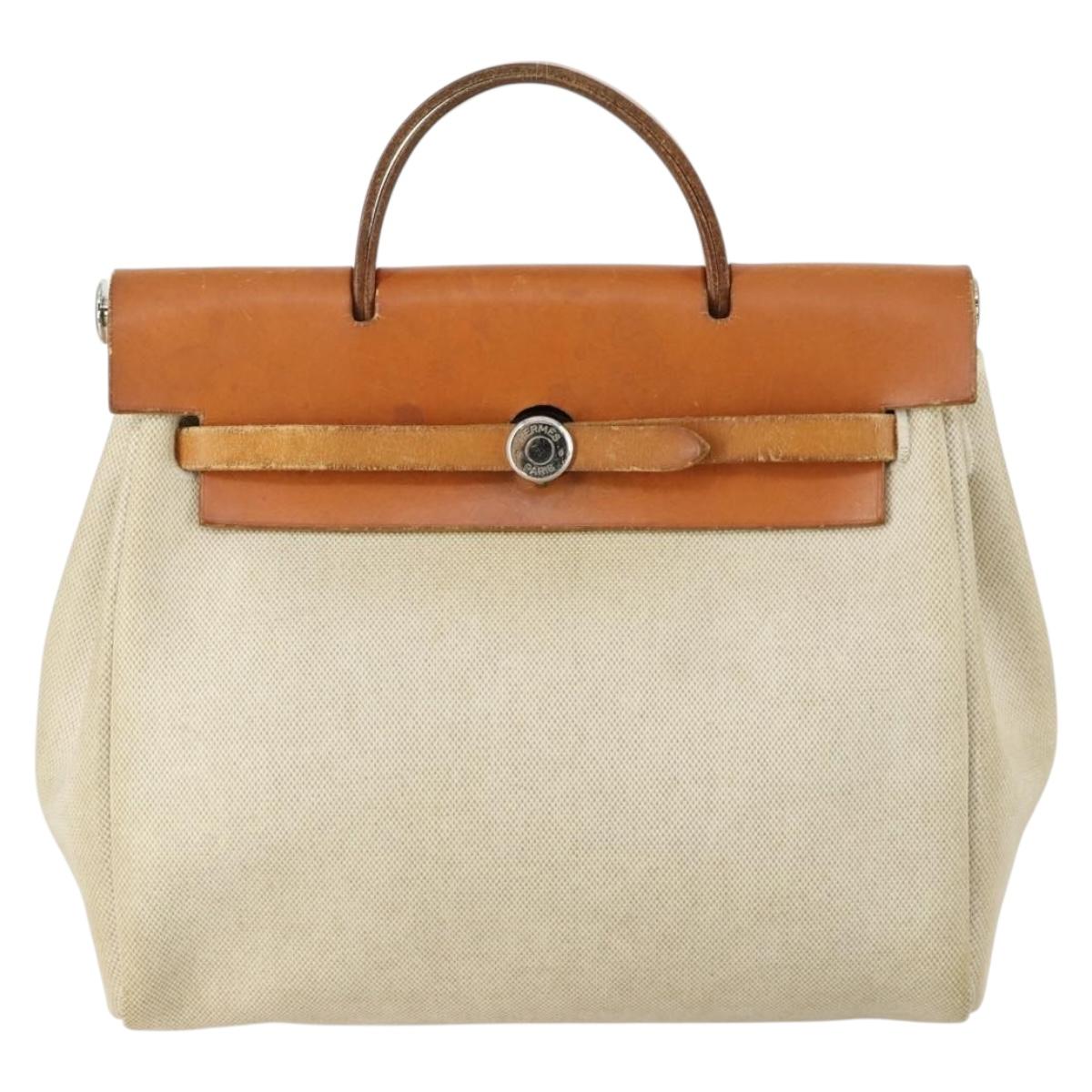 HERMES Herbag Ad PM Backpack Canvas Leather 2way Beige Silver Auth 159367