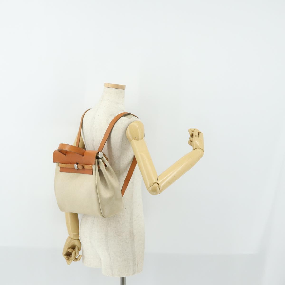 HERMES Herbag Ad PM Backpack Canvas Leather 2way Beige Silver Auth 159367