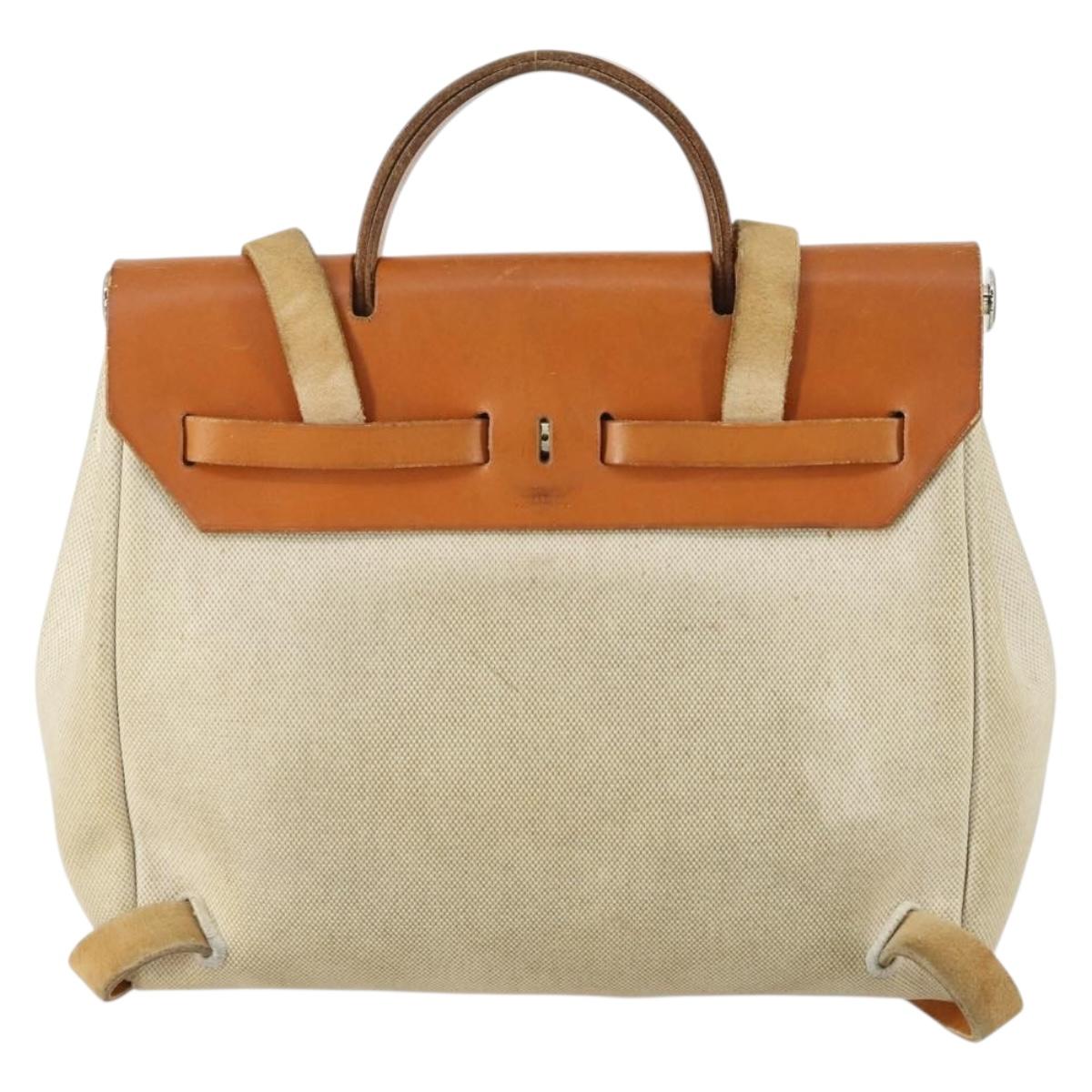 HERMES Herbag Ad PM Backpack Canvas Leather 2way Beige Silver Auth 159367