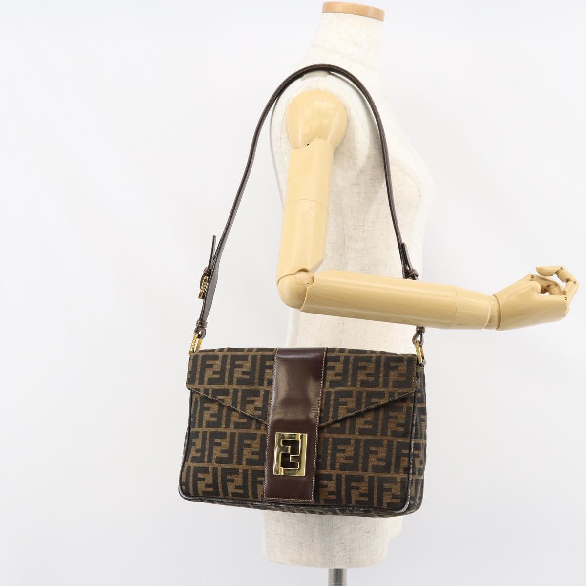 FENDI Zucca Canvas Shoulder Bag Brown Black Auth 159375