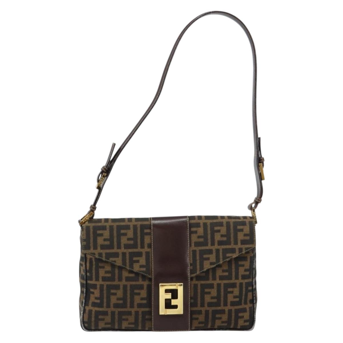 FENDI Zucca Canvas Shoulder Bag Brown Black Auth 159375