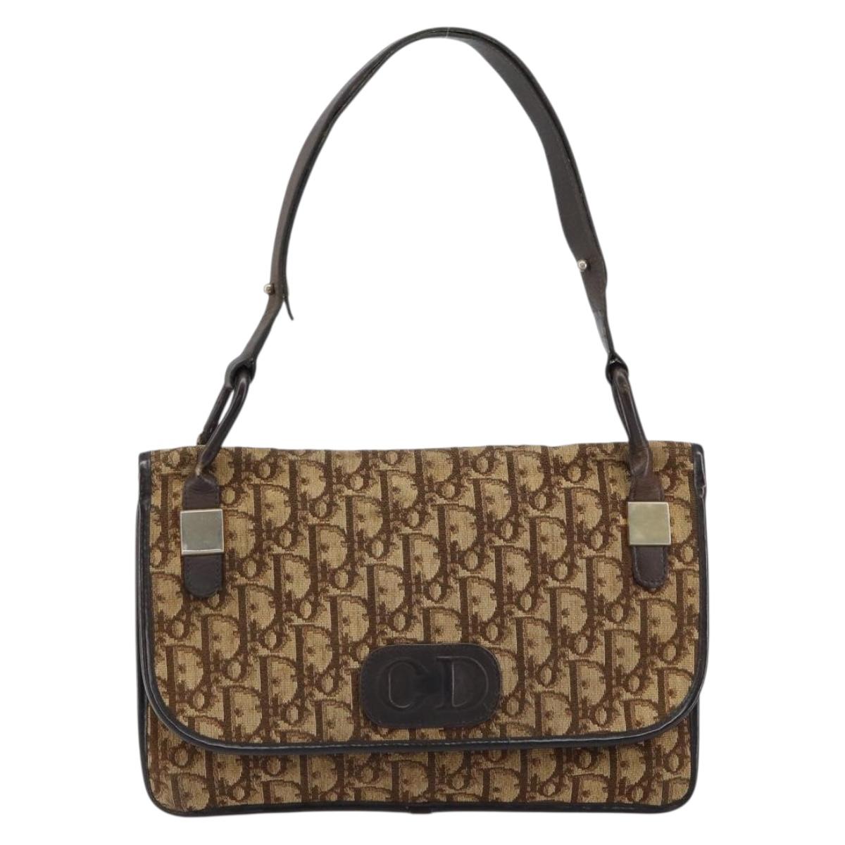 Christian Dior Trotter Canvas Shoulder Bag Beige Gold Auth 159384