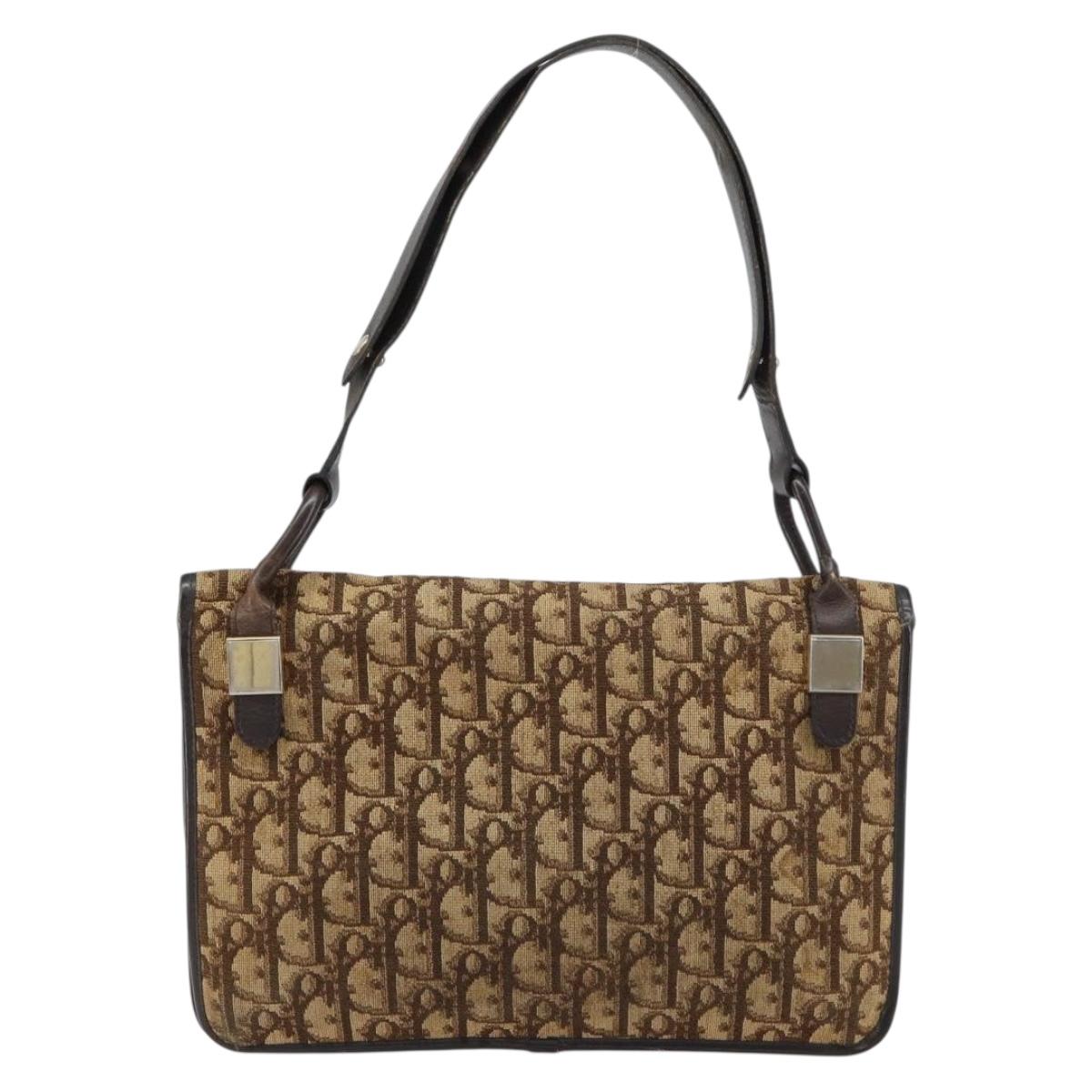 Christian Dior Trotter Canvas Shoulder Bag Beige Gold Auth 159384
