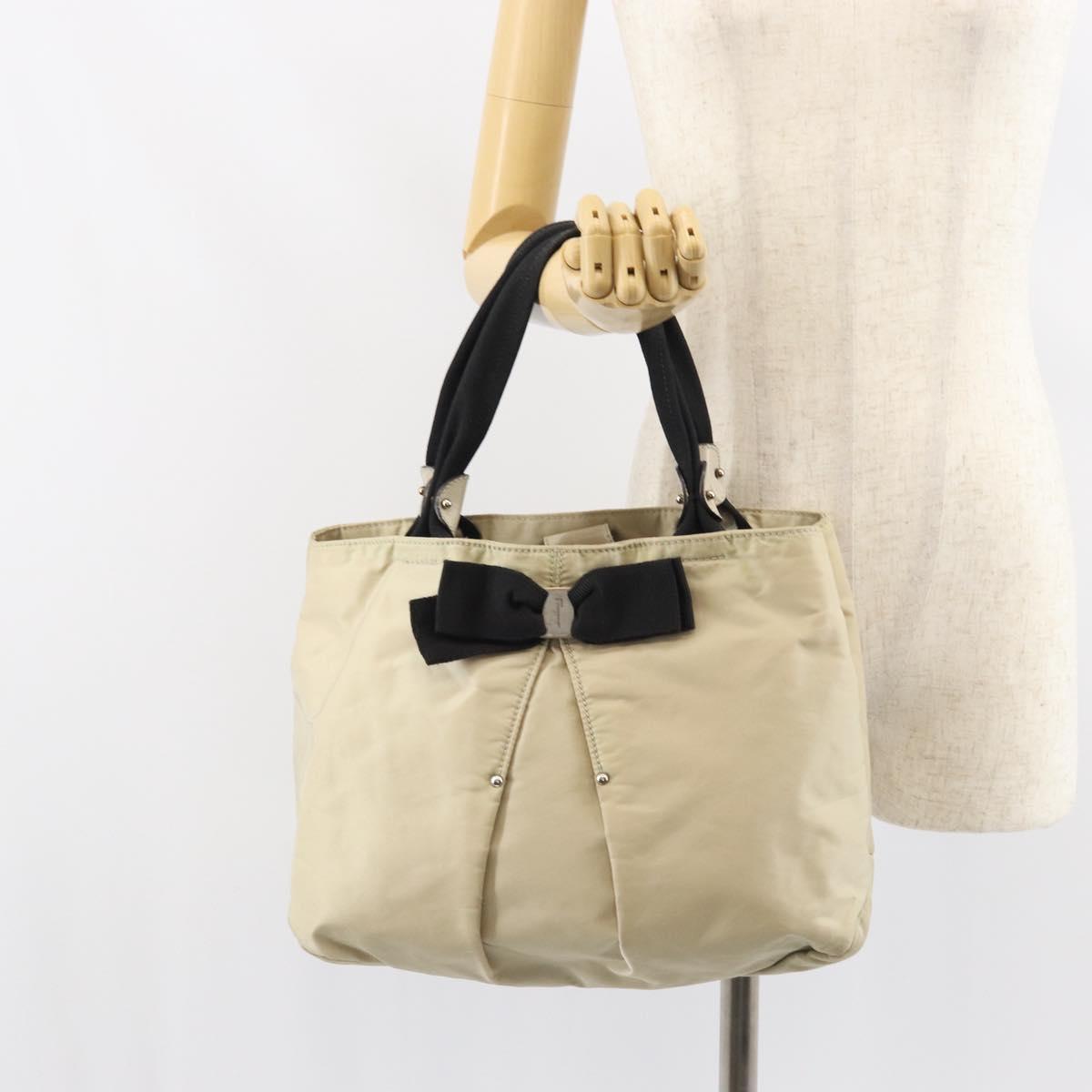 Salvatore Ferragamo Vala Hand Bag Nylon Beige Silver Auth 159394
