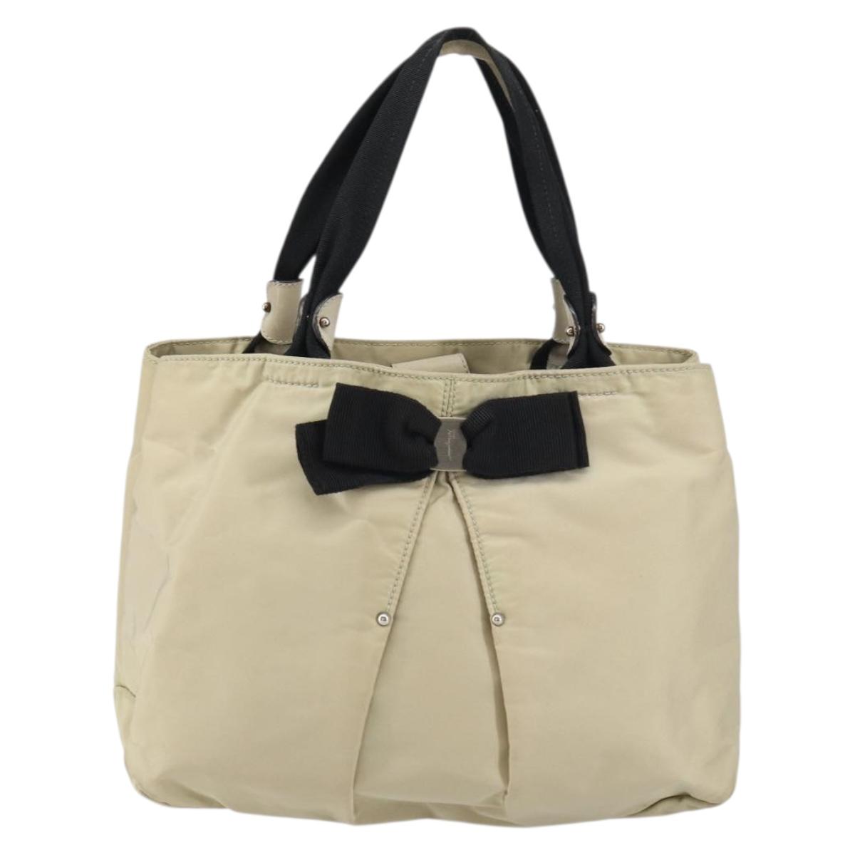 Salvatore Ferragamo Vala Hand Bag Nylon Beige Silver Auth 159394