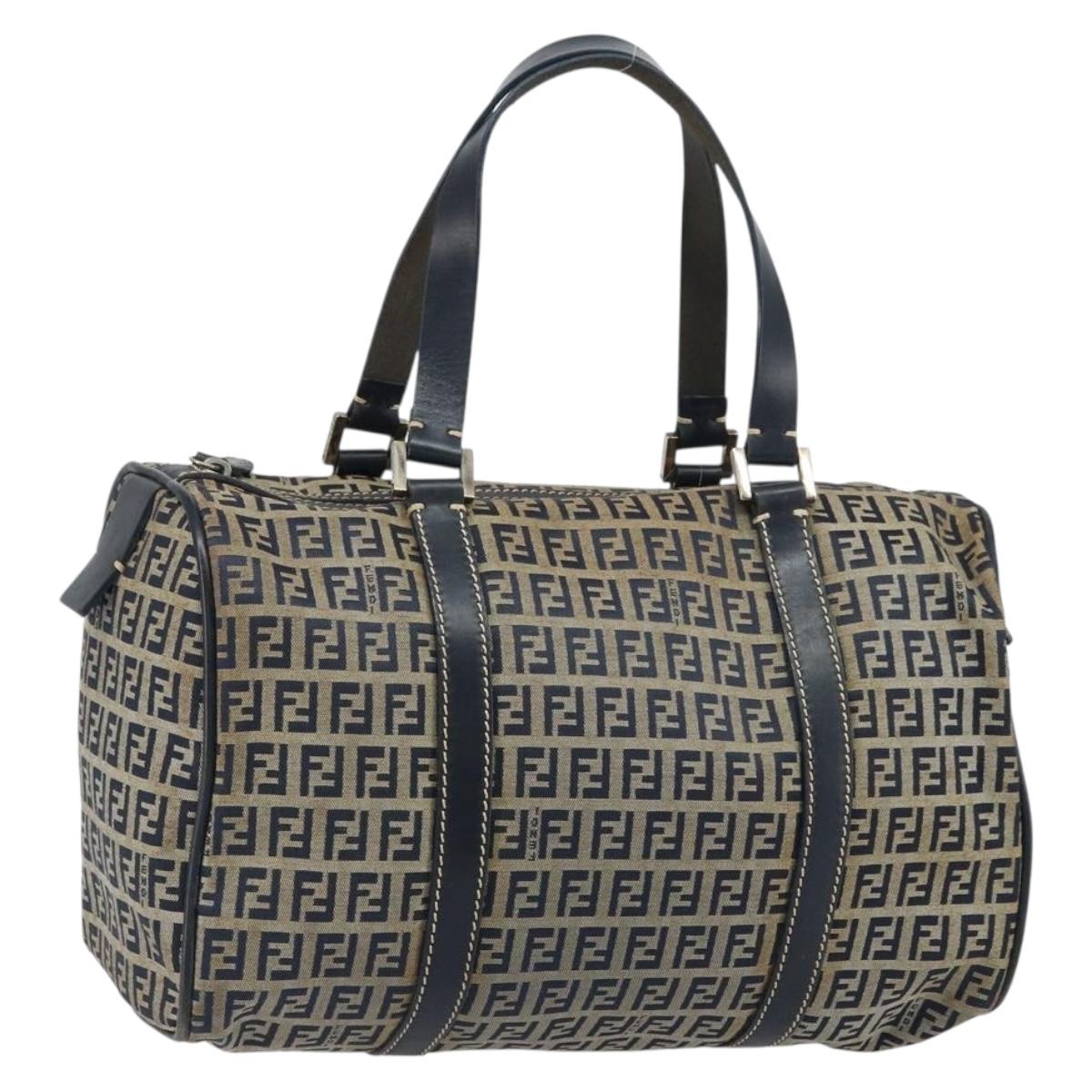 FENDI Zucchino Canvas Hand Bag Navy Silver Auth 159400