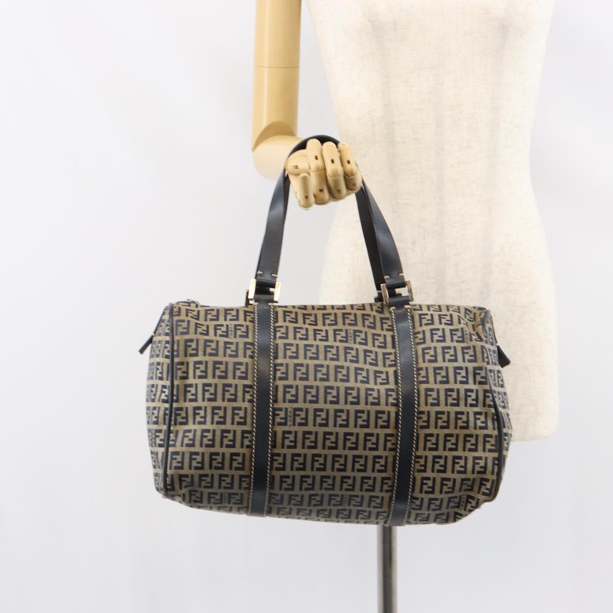 FENDI Zucchino Canvas Hand Bag Navy Silver Auth 159400