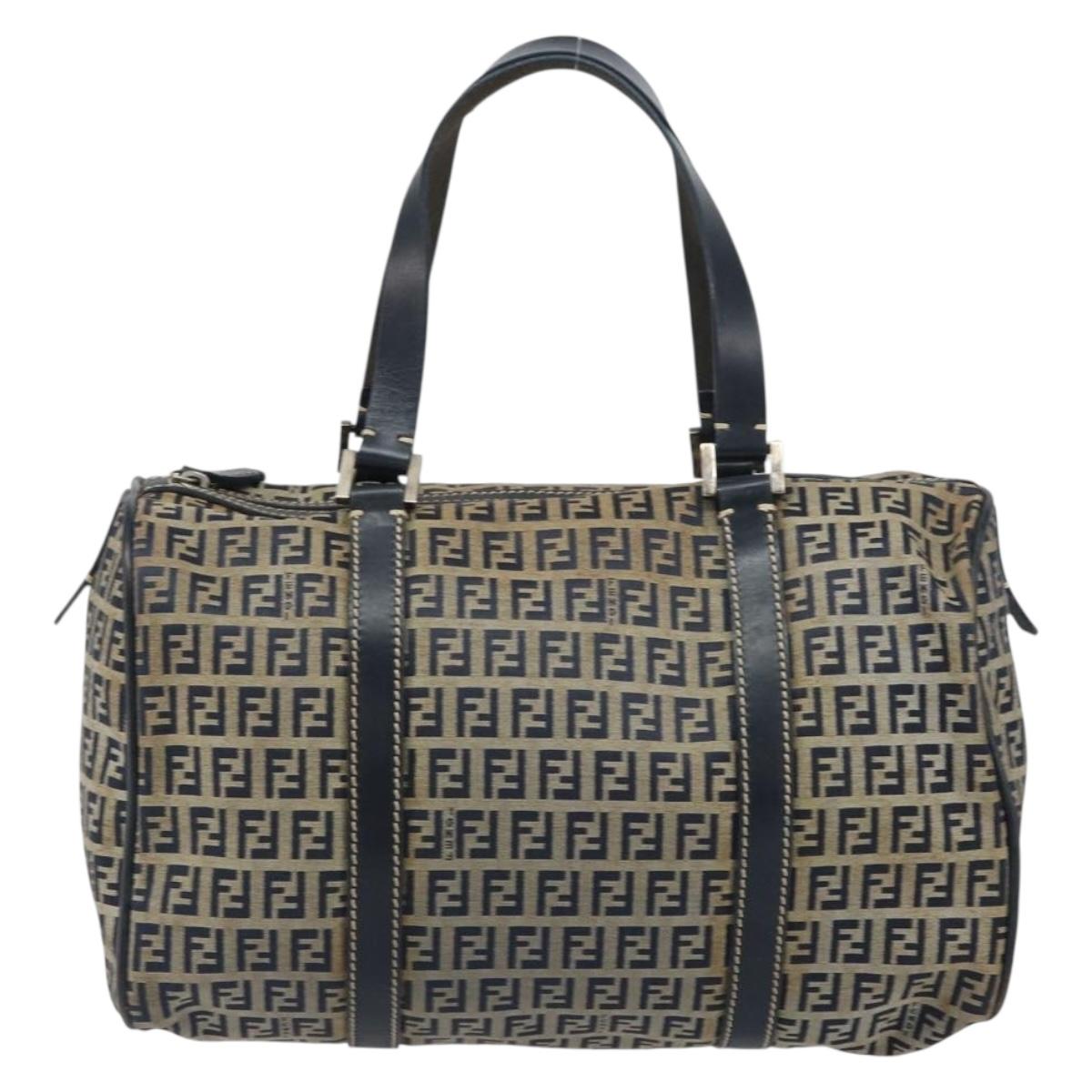 FENDI Zucchino Canvas Hand Bag Navy Silver Auth 159400
