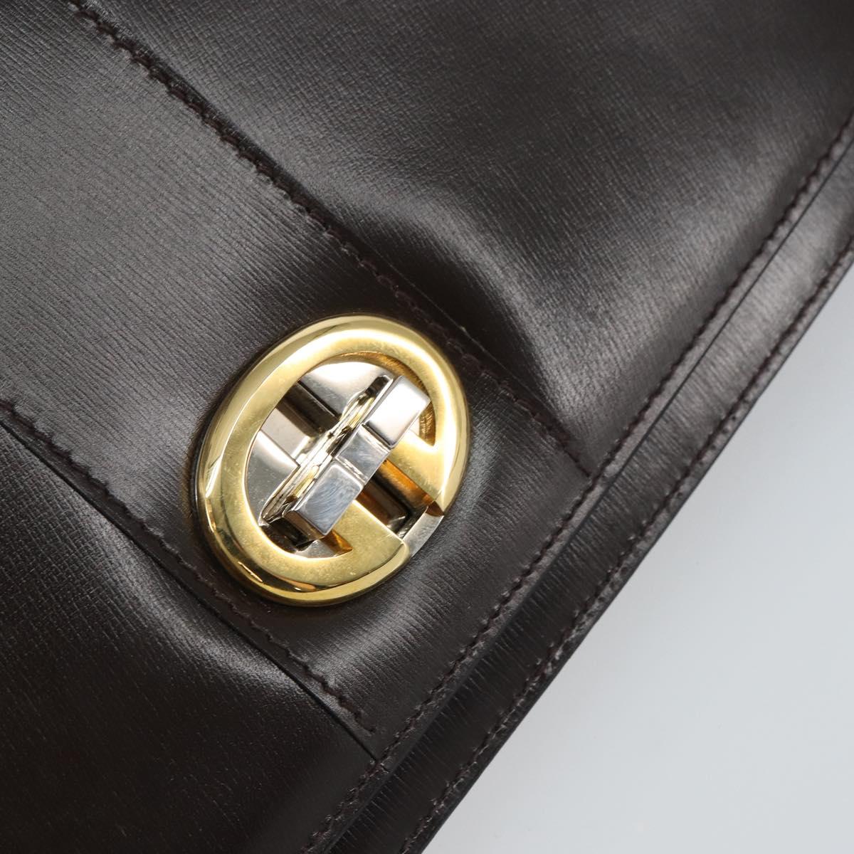 GUCCI Shoulder Bag Leather Dark Brown Gold Auth 159402
