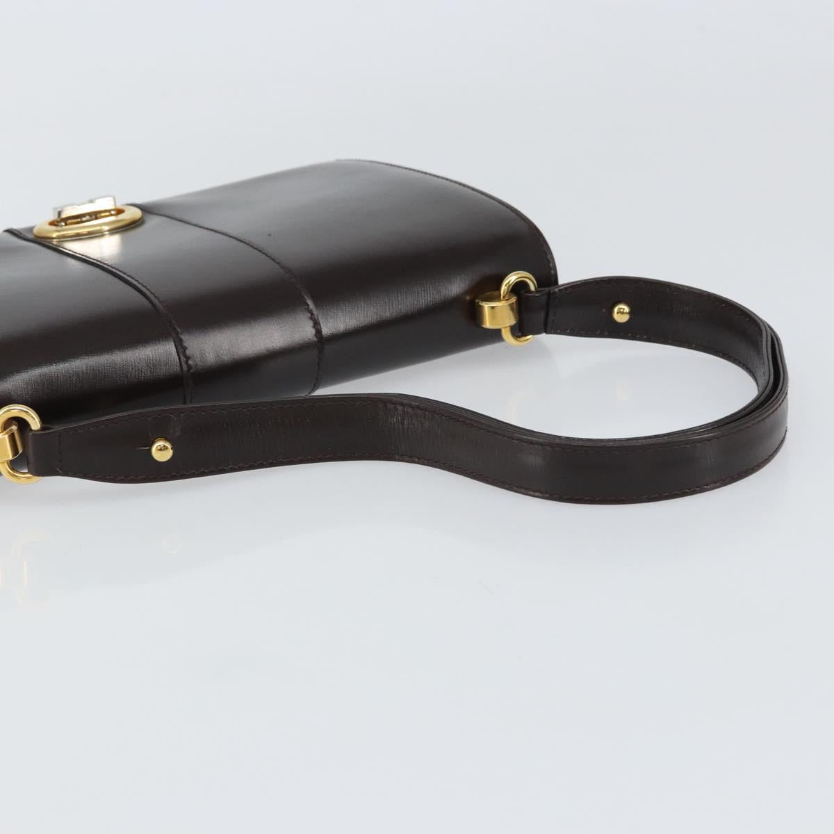 GUCCI Shoulder Bag Leather Dark Brown Gold Auth 159402