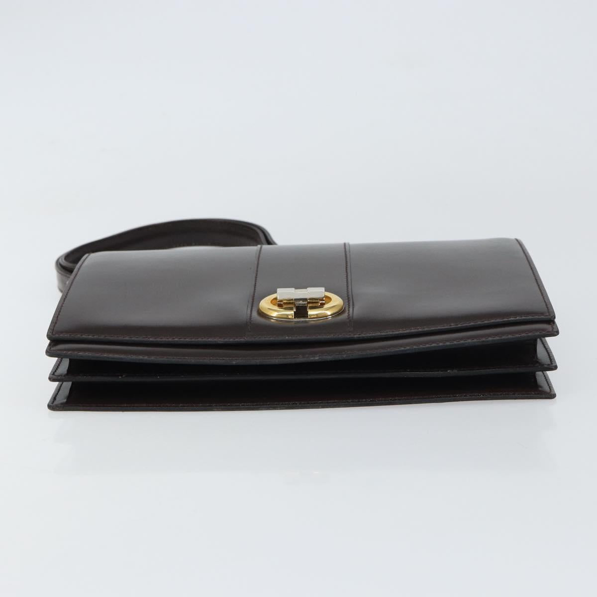 GUCCI Shoulder Bag Leather Dark Brown Gold Auth 159402