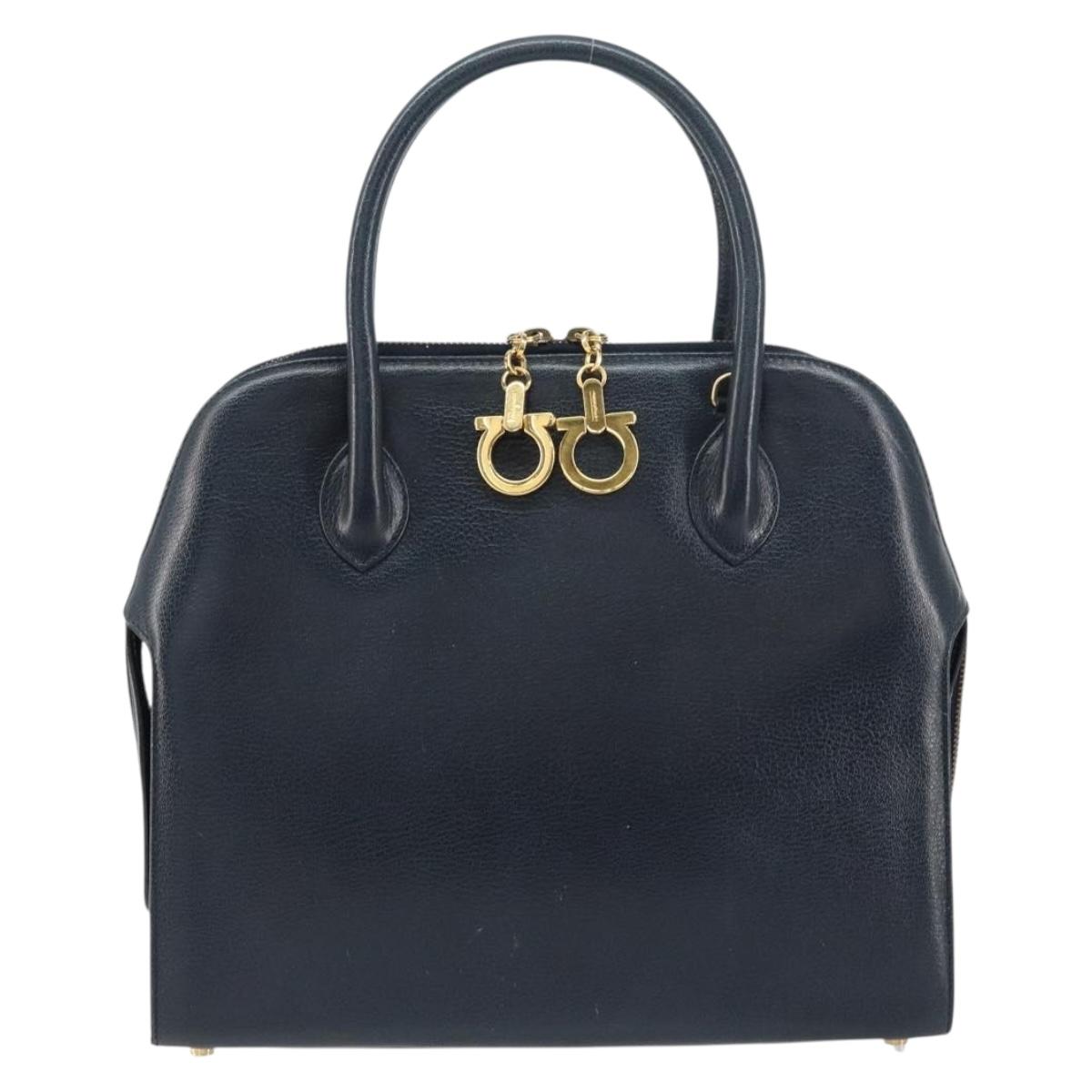Salvatore Ferragamo Gancini Hand Bag Leather Navy Gold Auth 159421