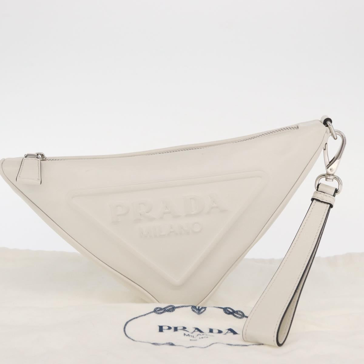 PRADA Clutch Bag Leather Silver White Auth 159445V