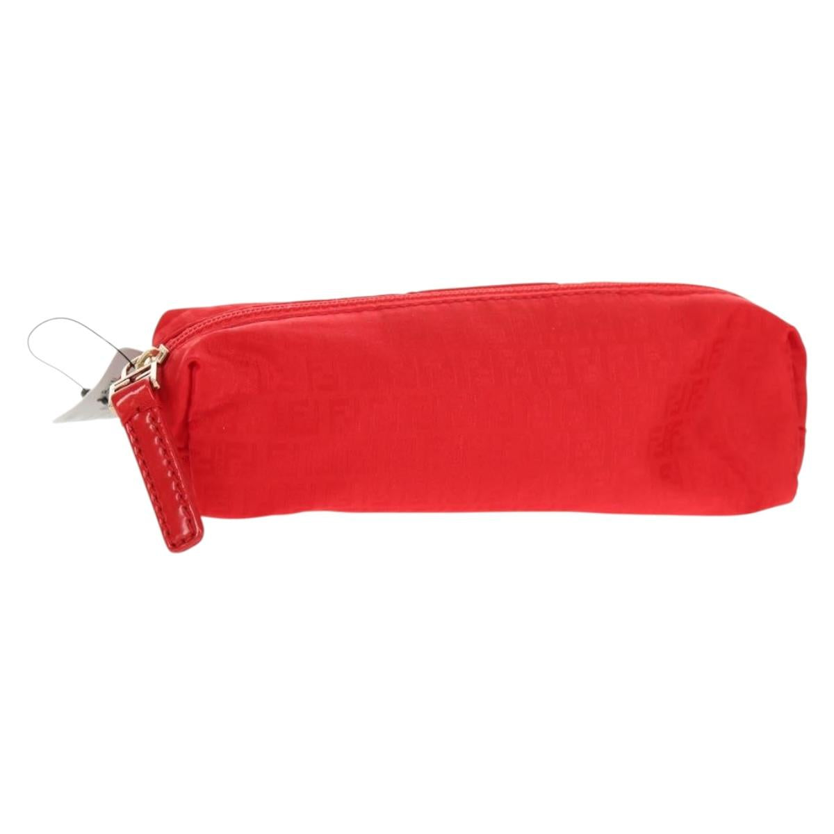 FENDI Zucchino Canvas Accessory Pouch Chain Red Gold Auth 159448V