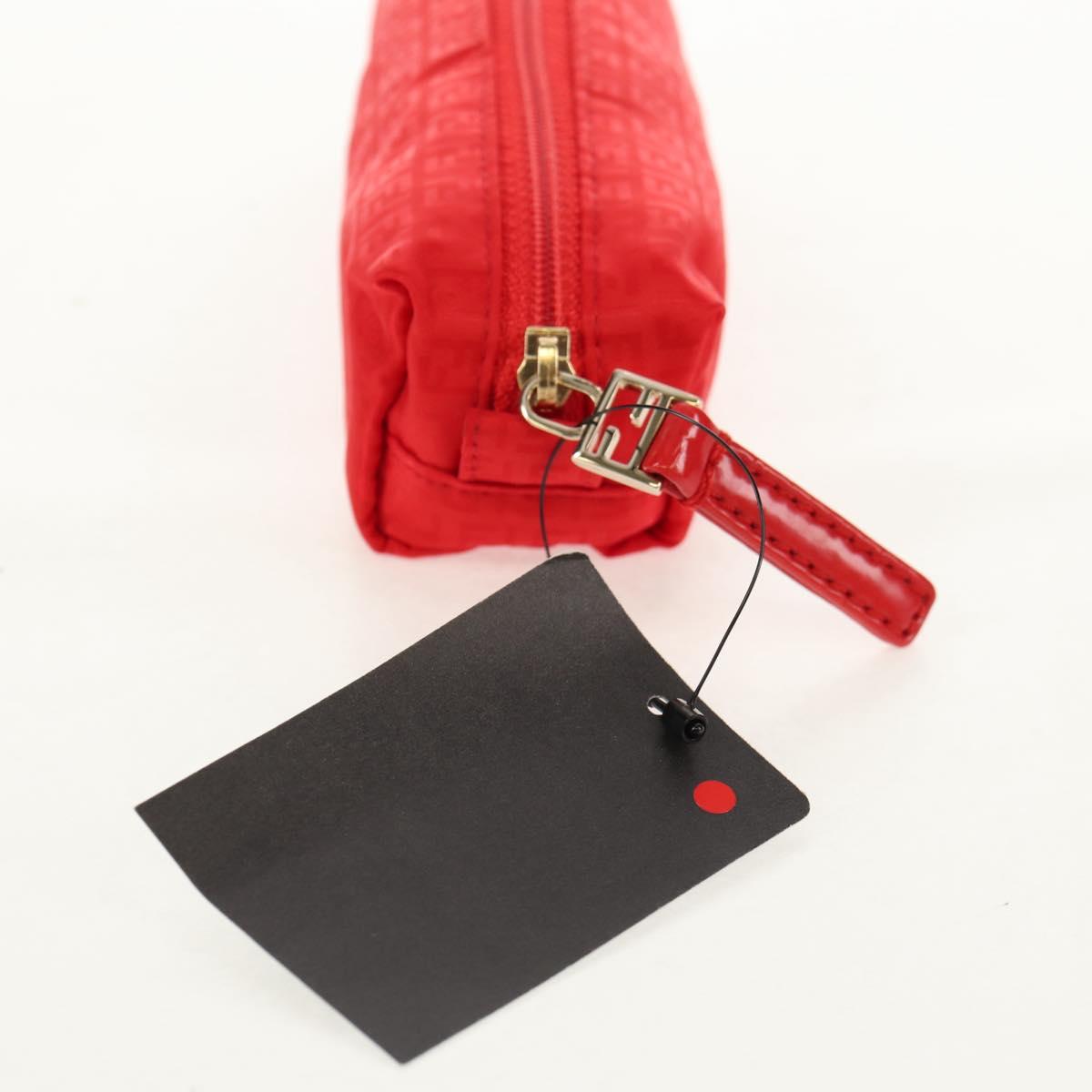 FENDI Zucchino Canvas Accessory Pouch Chain Red Gold Auth 159448V