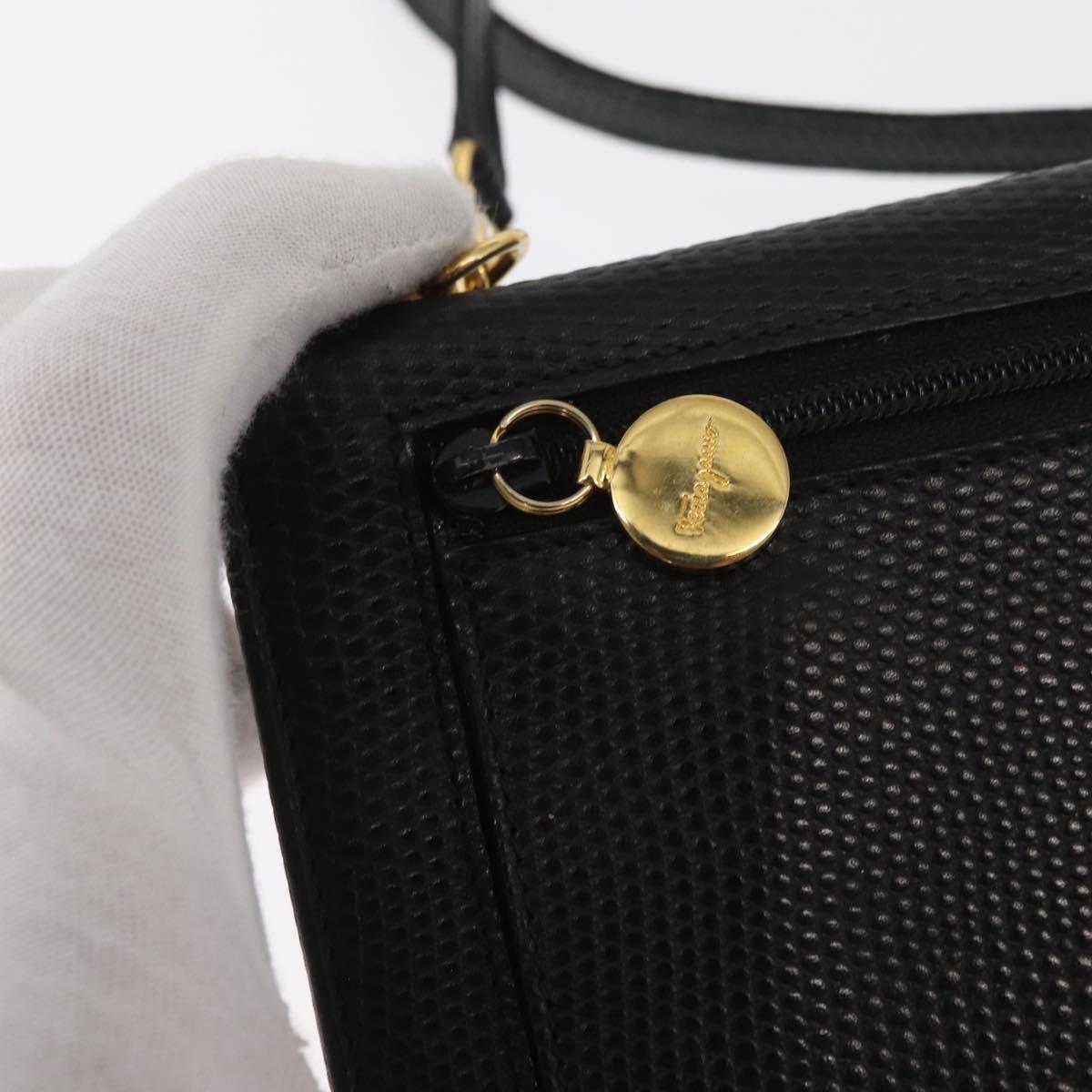 Salvatore Ferragamo Shoulder Wallet Vala Leather Black Gold Auth 159452