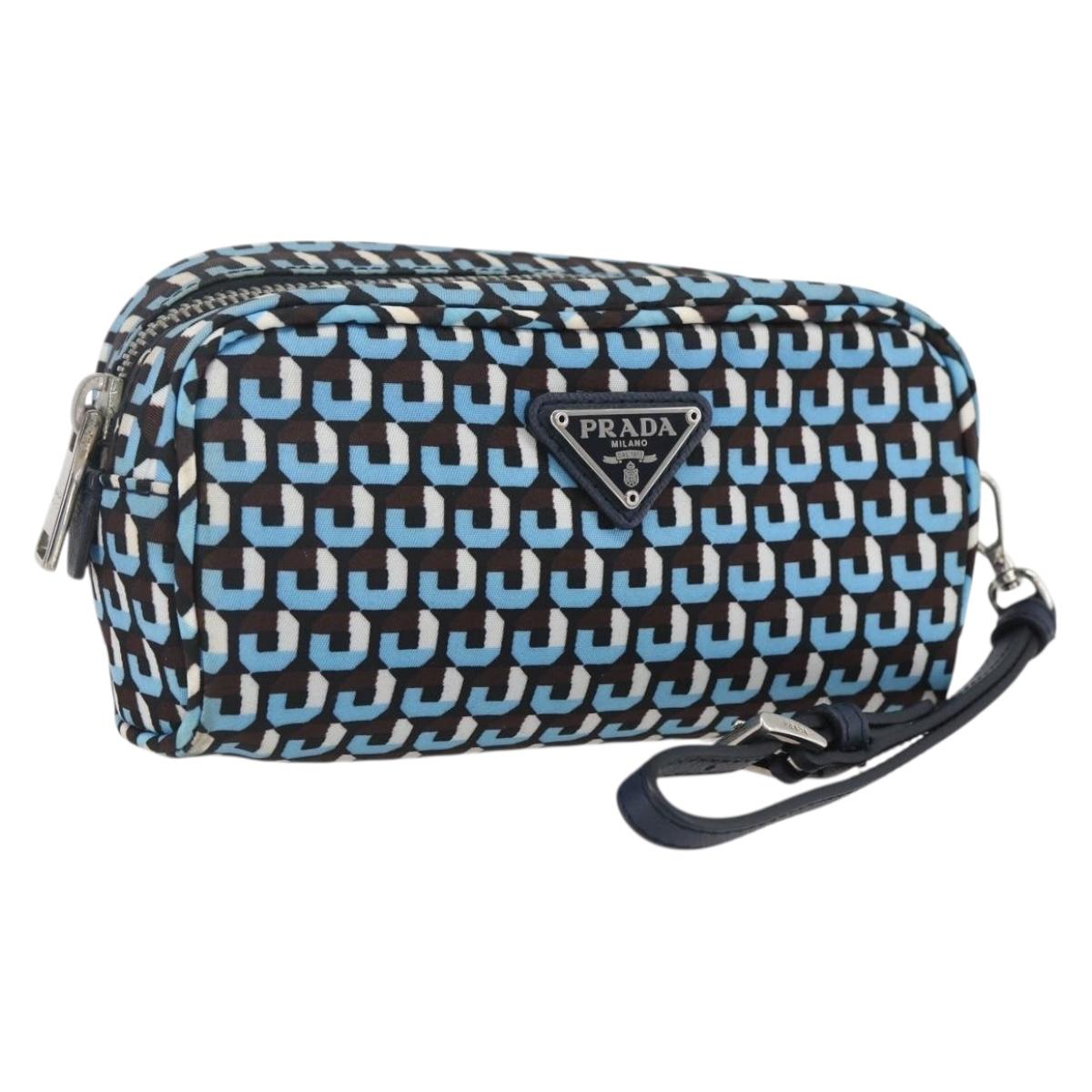 PRADA Pouch Nylon Blue Silver Auth 159464