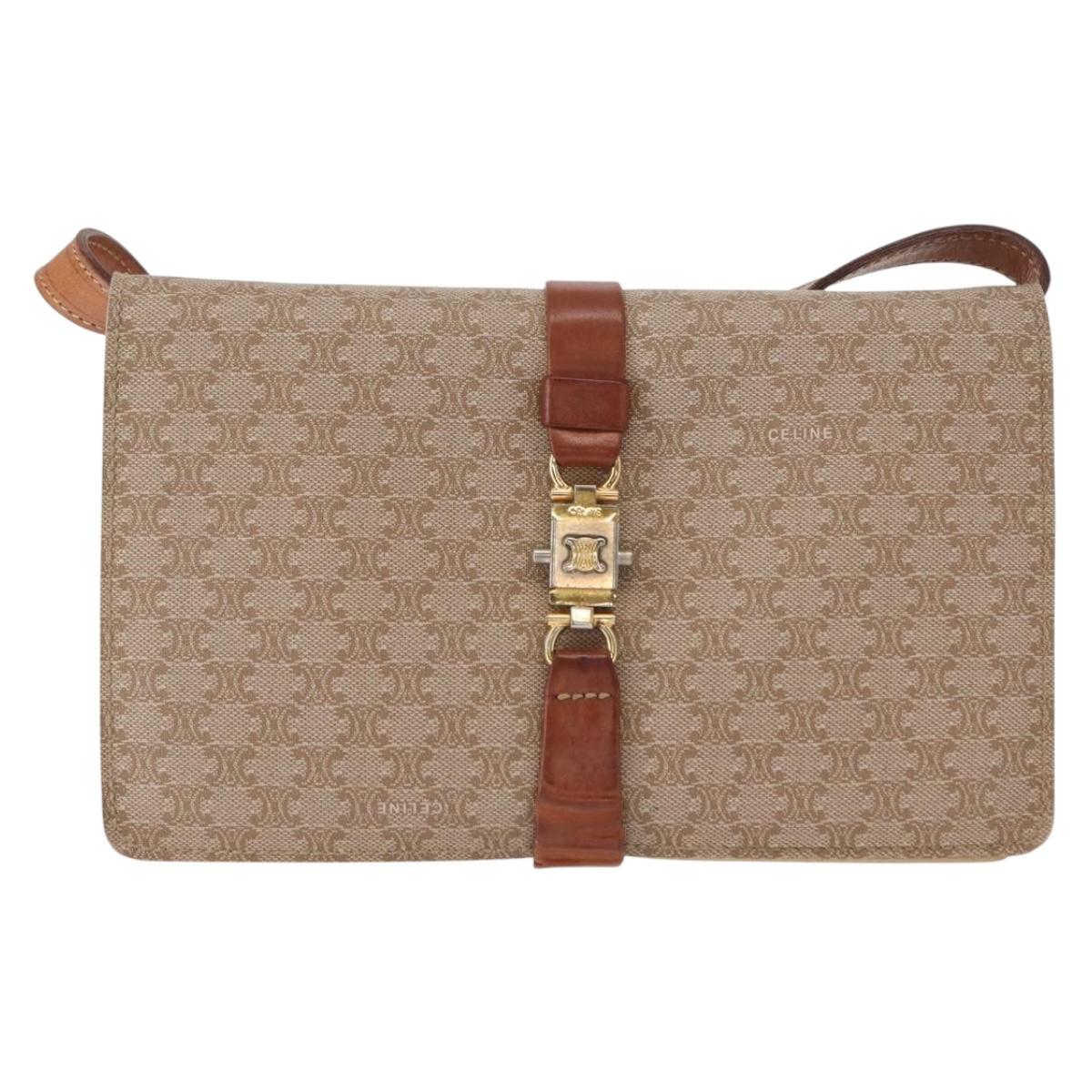 CELINE Macadam Canvas Shoulder Bag PVC Beige Gold Auth 159576