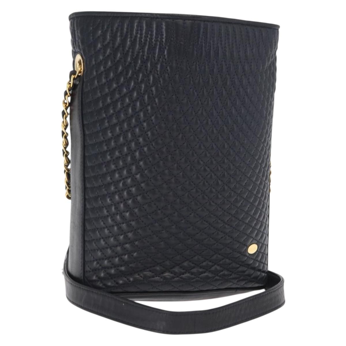 BALLY Chain Shoulder Bag Leather Navy Gold Auth 159580