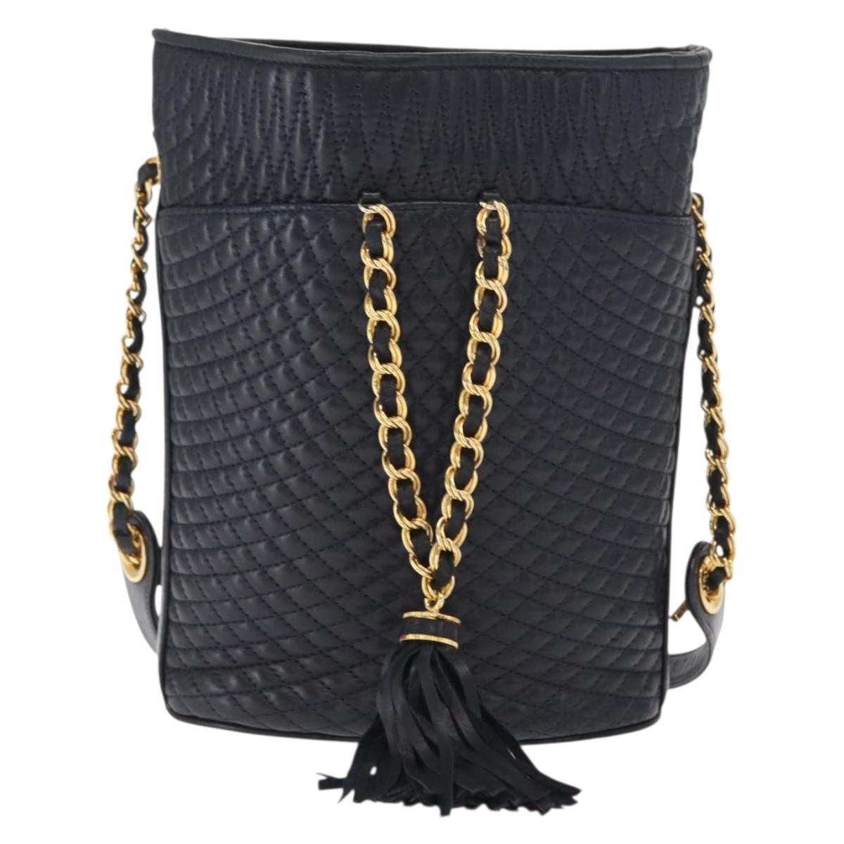 BALLY Chain Shoulder Bag Leather Navy Gold Auth 159580
