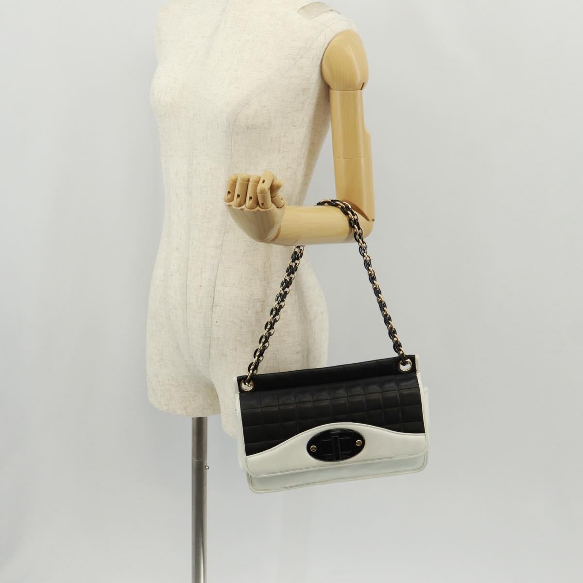CHANEL Choco Bar Chain Shoulder Bag Lamb Skin Black White CC Auth 159582V