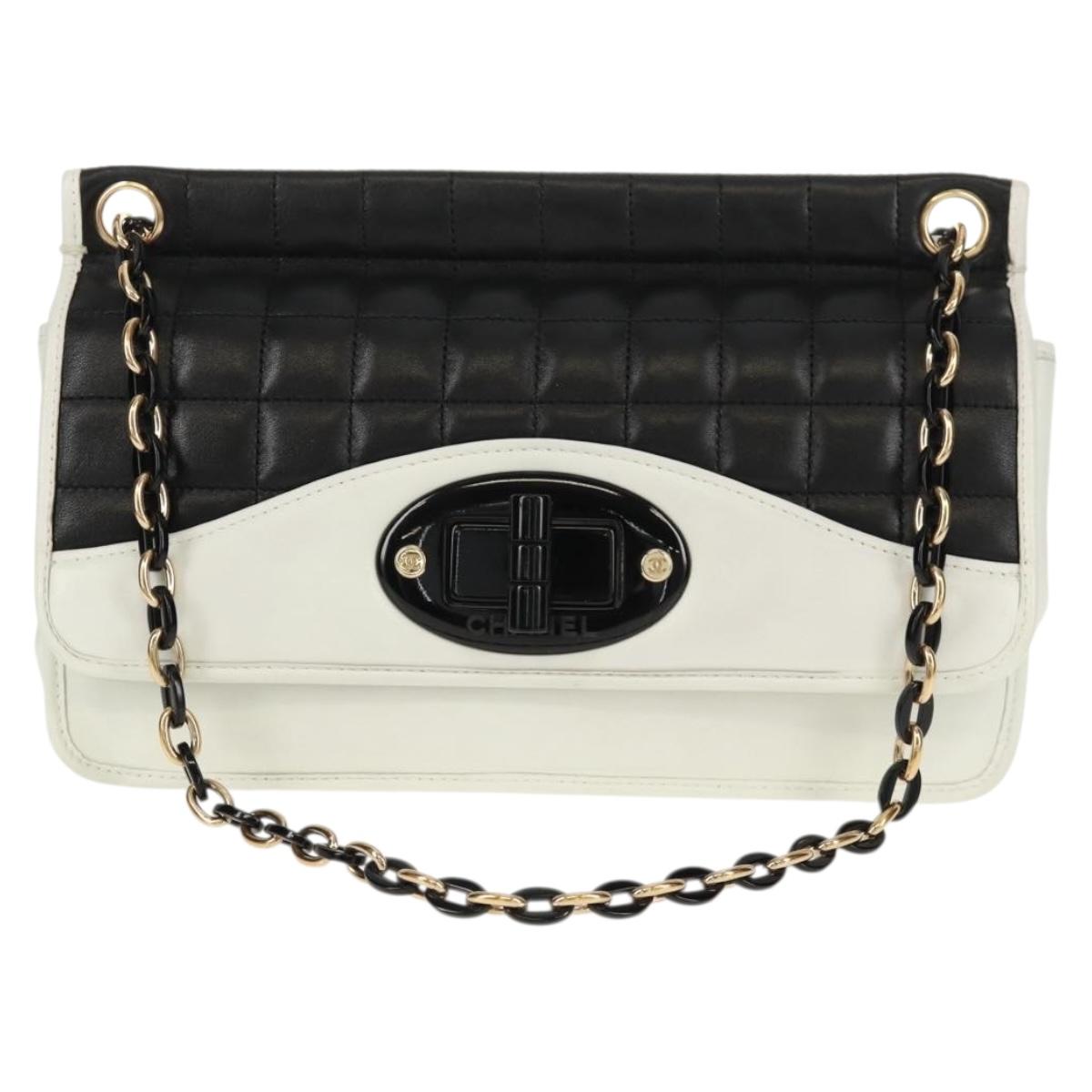 CHANEL Choco Bar Chain Shoulder Bag Lamb Skin Black White CC Auth 159582V