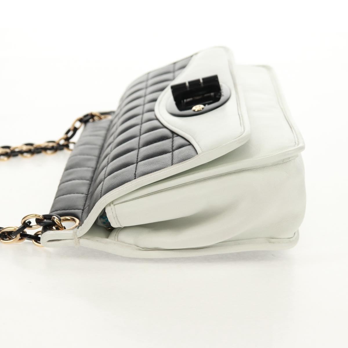 CHANEL Choco Bar Chain Shoulder Bag Lamb Skin Black White CC Auth 159582V