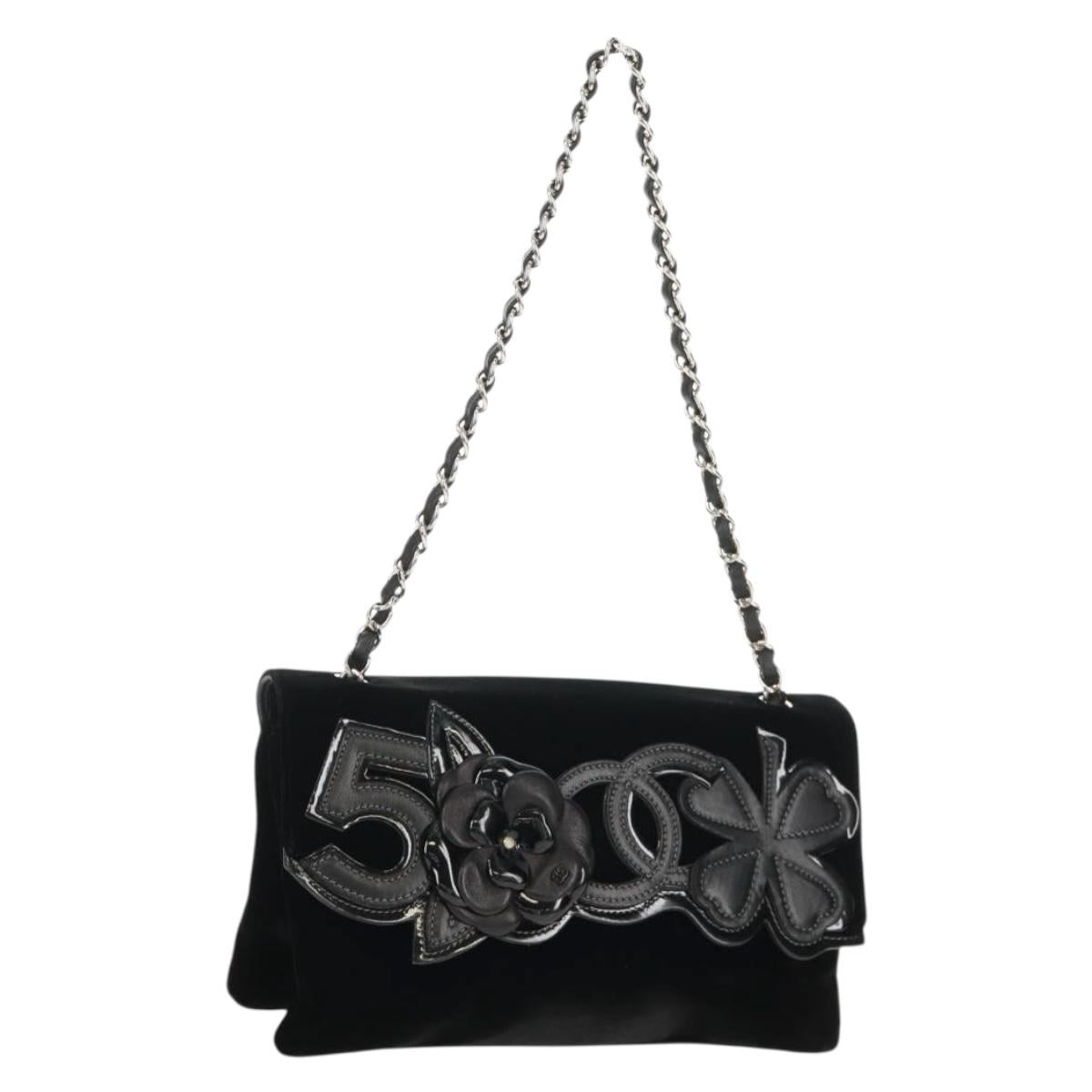 CHANEL Chain Camellia No.5 Shoulder Bag Velor Black Silver CC Auth 159584V