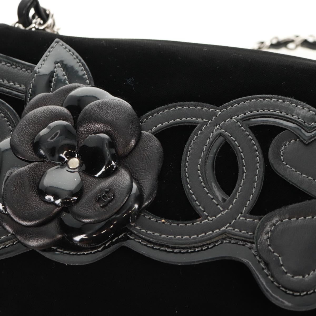 CHANEL Chain Camellia No.5 Shoulder Bag Velor Black Silver CC Auth 159584V