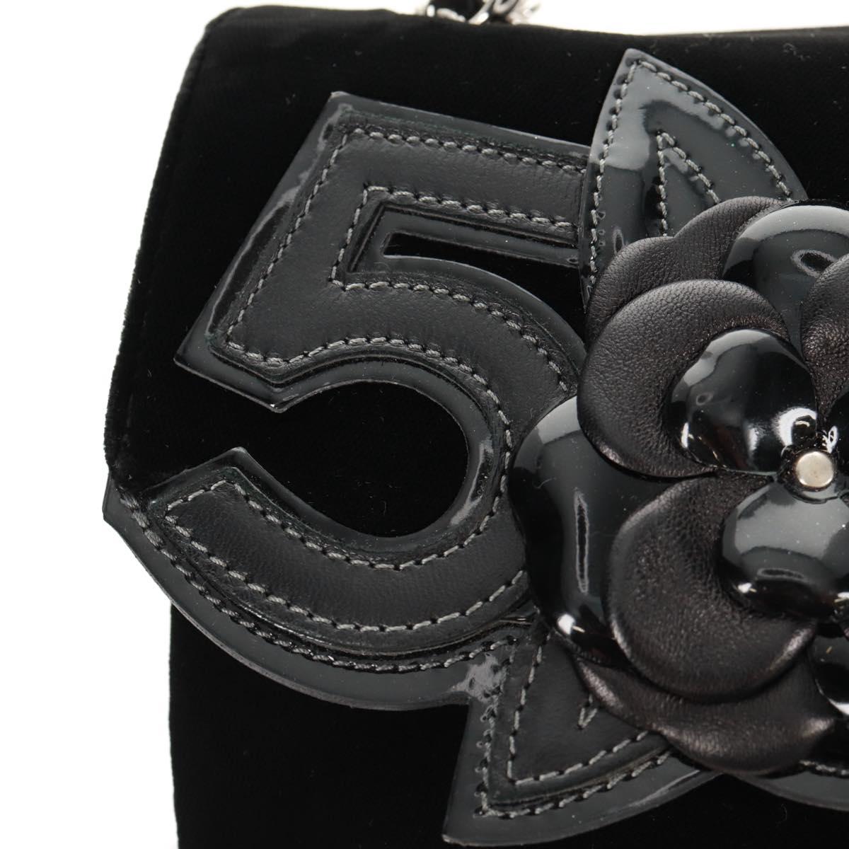 CHANEL Chain Camellia No.5 Shoulder Bag Velor Black Silver CC Auth 159584V