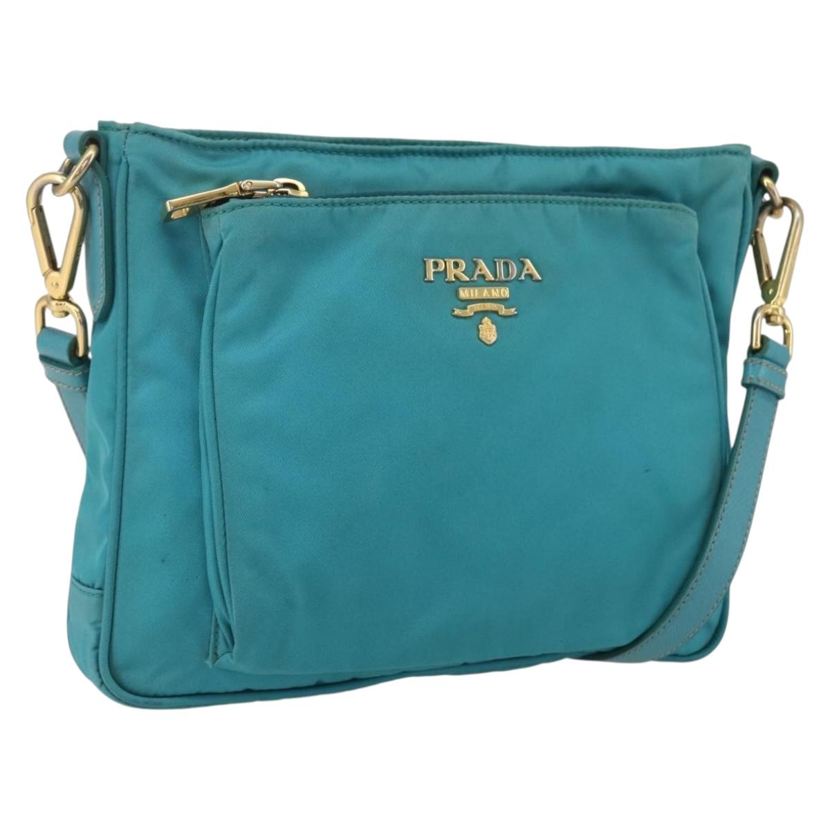 PRADA Shoulder Bag Nylon Light Blue Gold Auth 159589