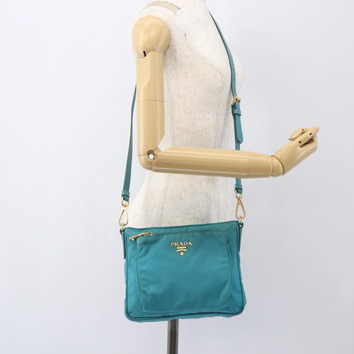 PRADA Shoulder Bag Nylon Light Blue Gold Auth 159589