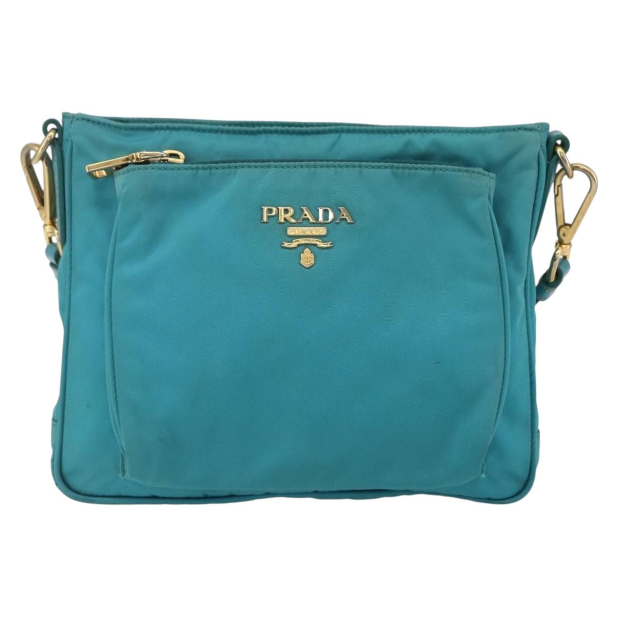 PRADA Shoulder Bag Nylon Light Blue Gold Auth 159589