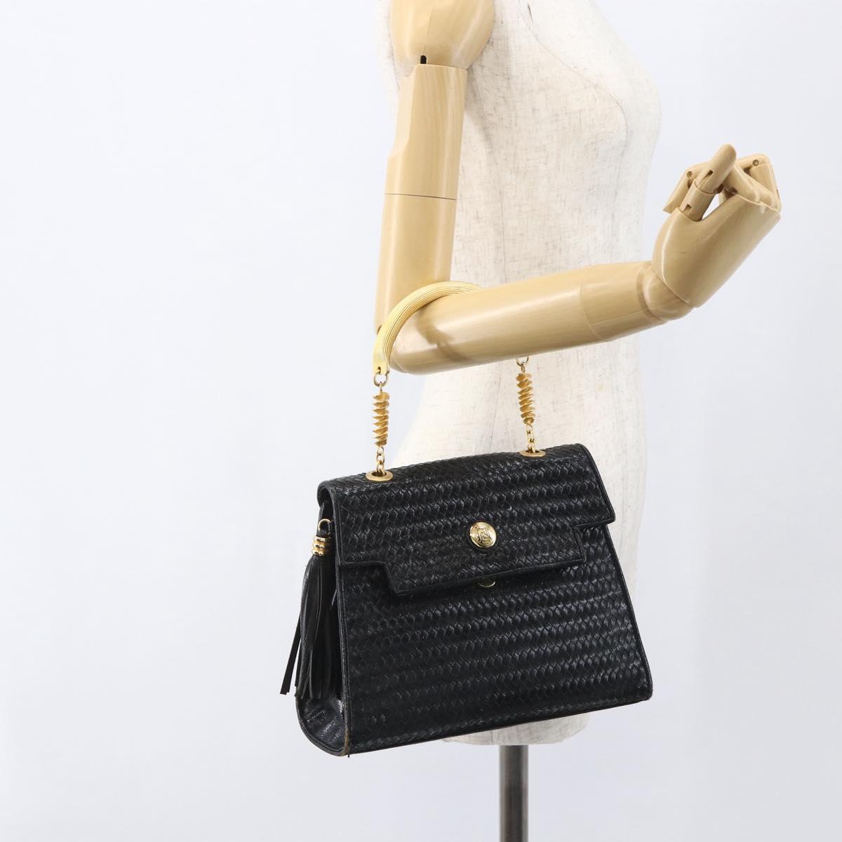 FENDI Hand Bag Leather Black Gold Auth 159731