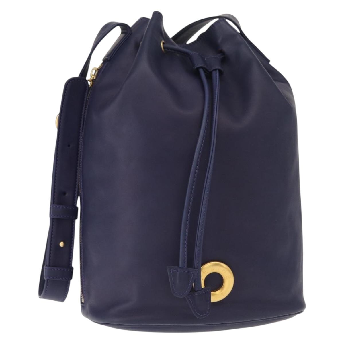 CELINE Circle Shoulder Bag Leather Navy Gold Auth 159739