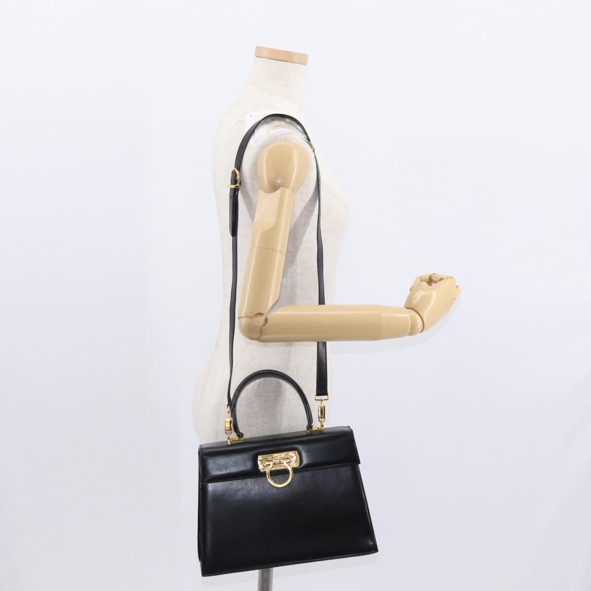 Salvatore Ferragamo Gancini Hand Bag Leather 2way Black Gold Auth 159742A