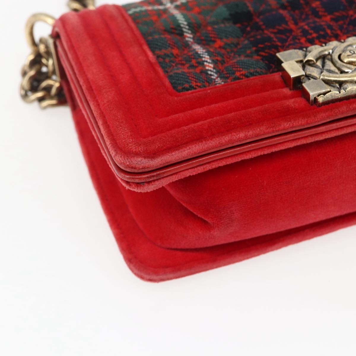 CHANEL Boy Chanel Chain Shoulder Bag Velor Red Gold CC Auth 159847V