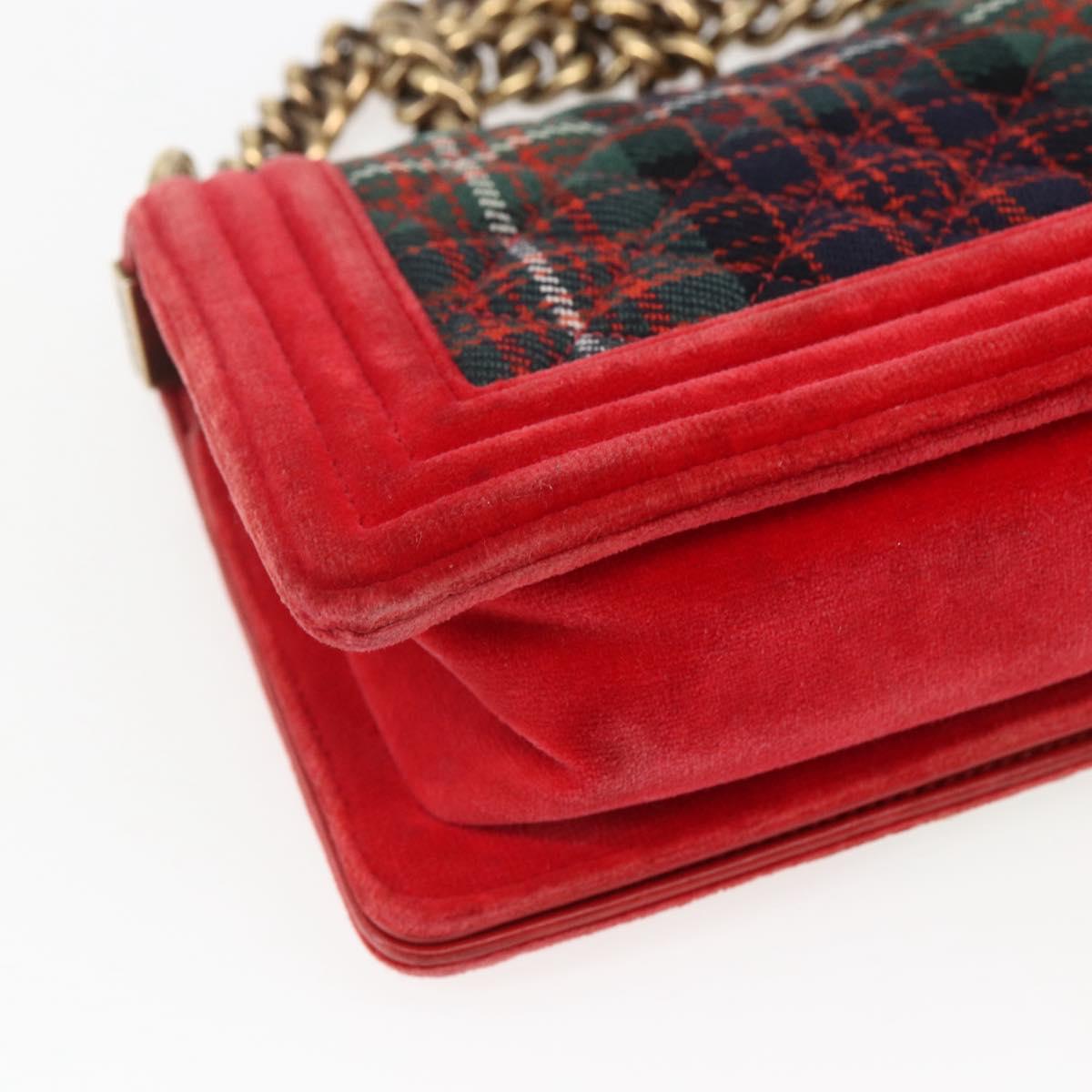 CHANEL Boy Chanel Chain Shoulder Bag Velor Red Gold CC Auth 159847V