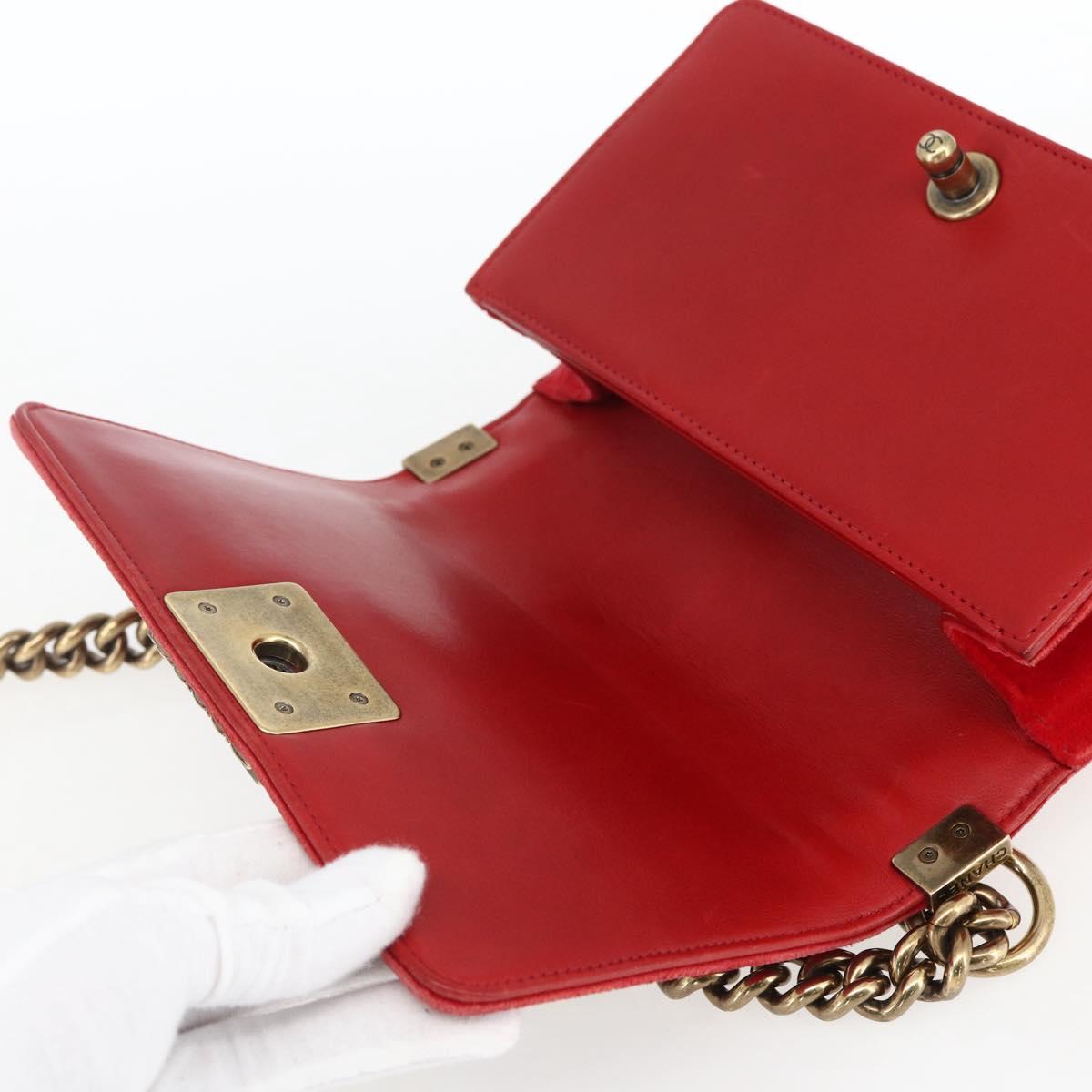 CHANEL Boy Chanel Chain Shoulder Bag Velor Red Gold CC Auth 159847V