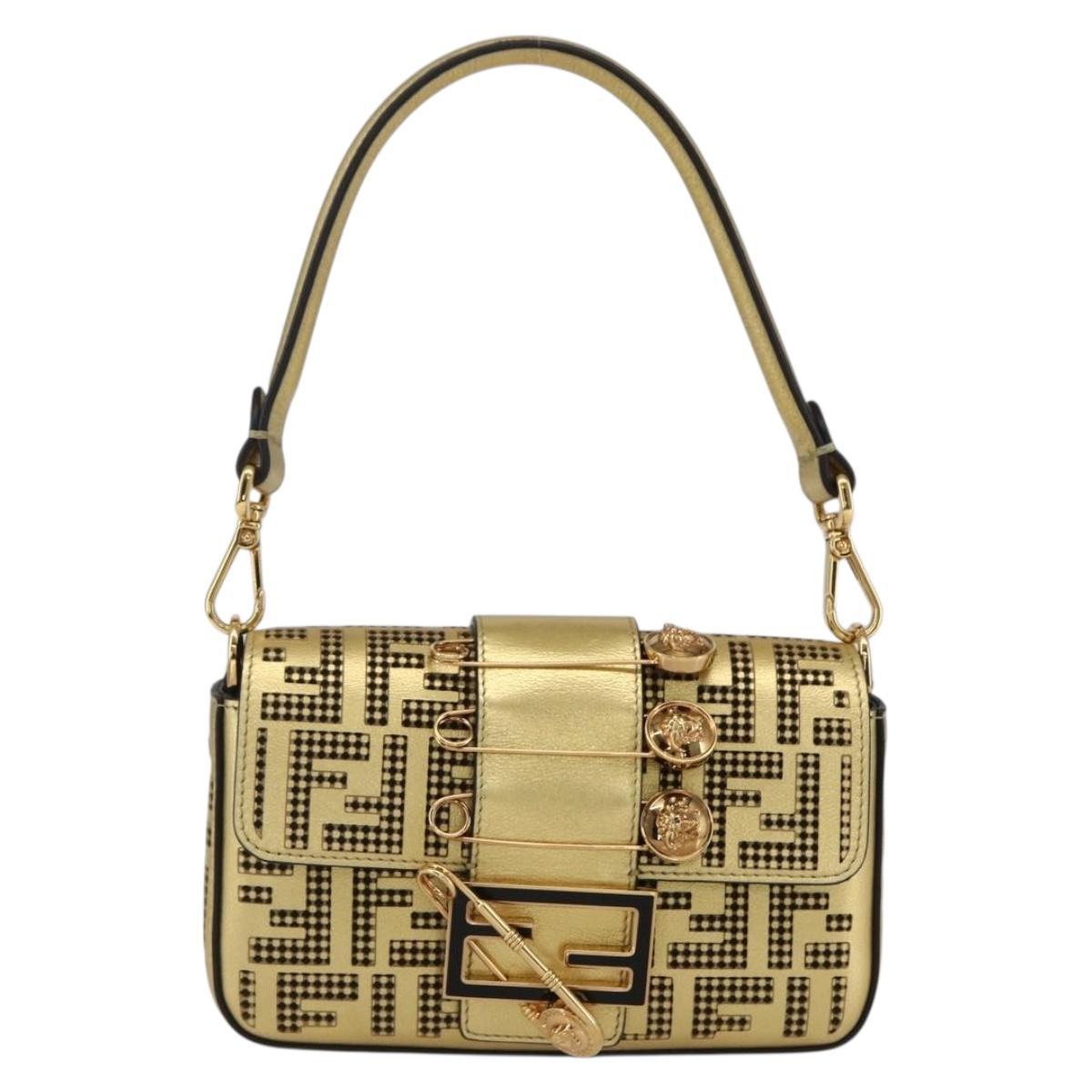 FENDI Zucca Canvas Mini Baguette Shoulder Bag Gold Auth 159852SM