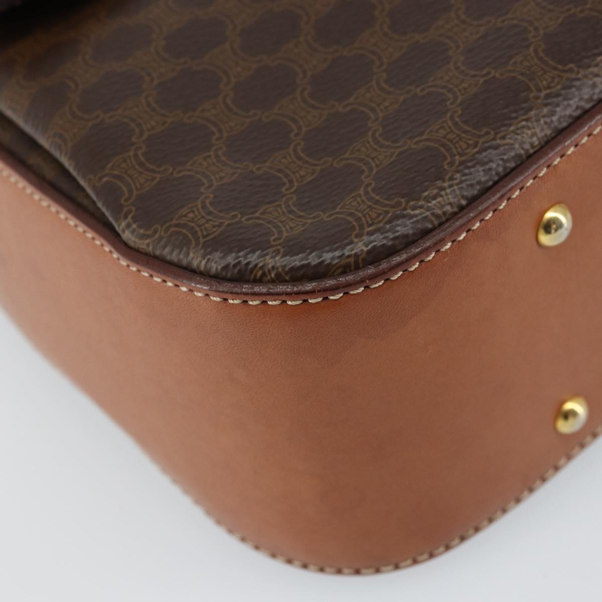 CELINE Circle Macadam Canvas Hand Bag PVC Leather Brown Gold Auth 159882