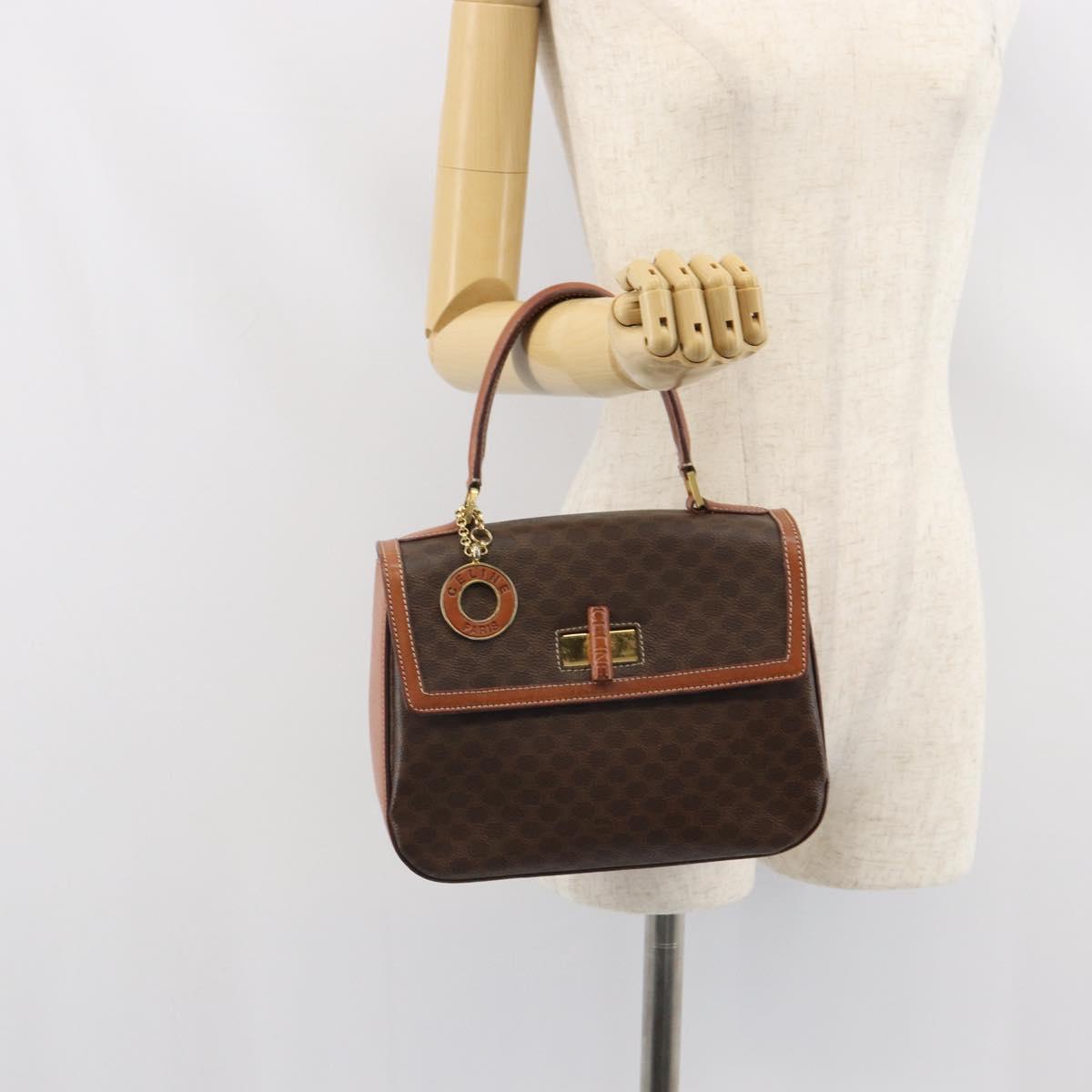 CELINE Circle Macadam Canvas Hand Bag PVC Leather Brown Gold Auth 159882