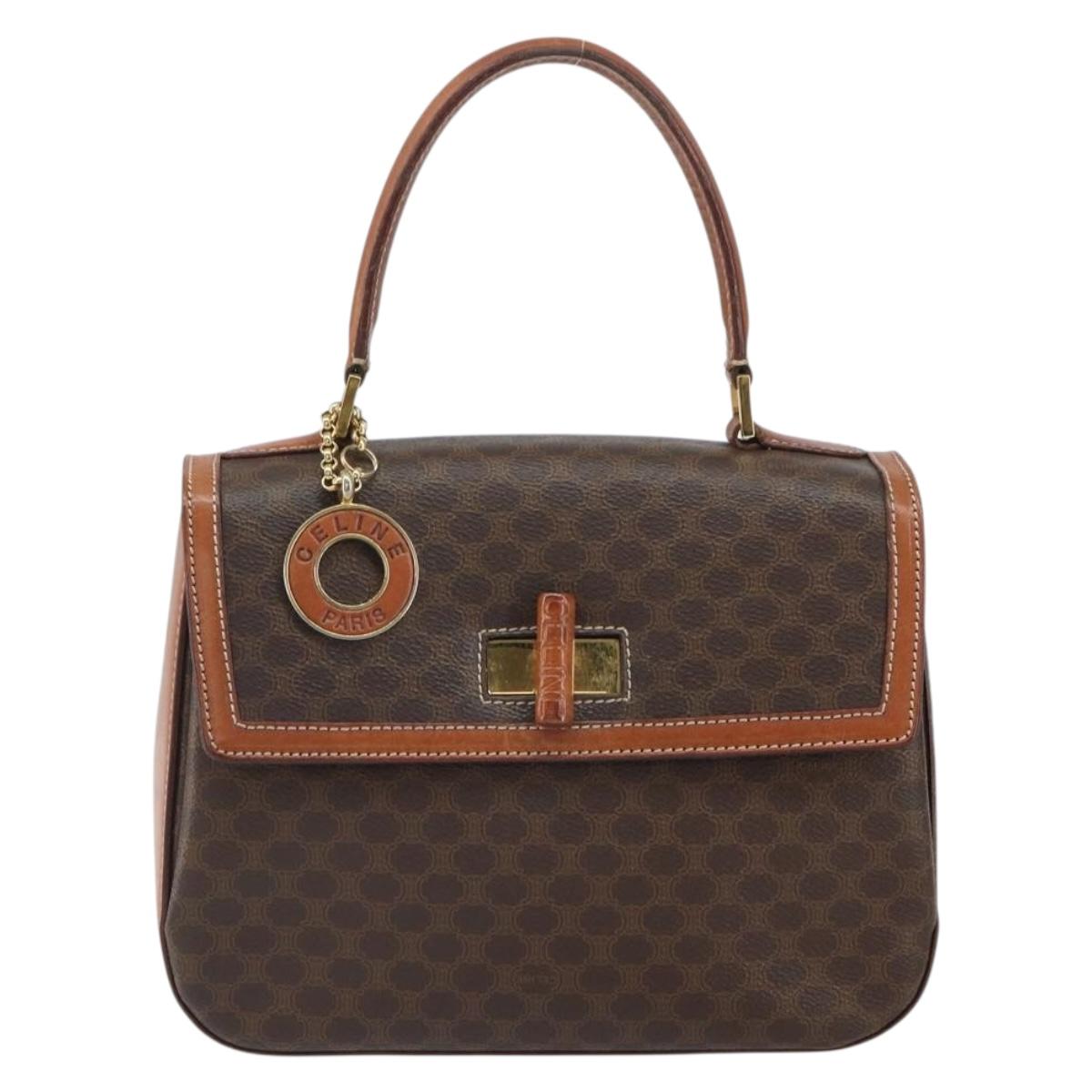CELINE Circle Macadam Canvas Hand Bag PVC Leather Brown Gold Auth 159882